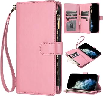 Compatible with Tecno Camon 19 Neo, Zipper Wallet Cover with Multiple Card Holder Slots Shockproof Kickstand Case with Wrist Strap-Pink