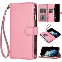 Compatible with Motorola Moto G17, Zipper Wallet Cover with Multiple Card Holder Slots Shockproof Kickstand Case with Wrist Strap-Pink