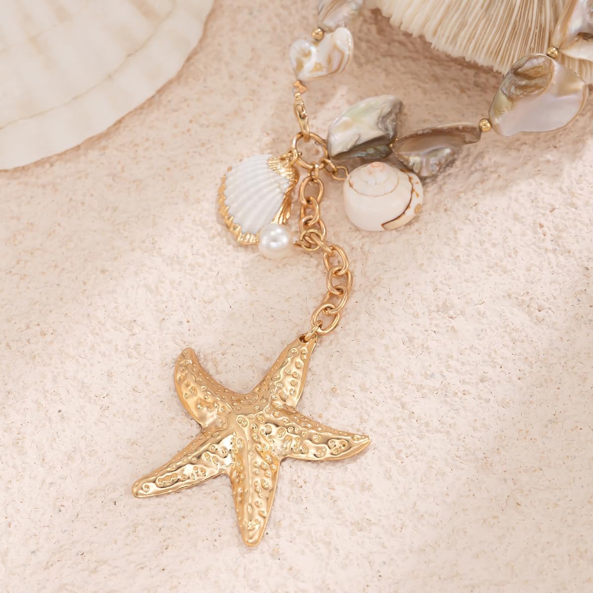 LIU JUN Starfish Necklace, Oversized Shells and Gold Starfish Necklace, Boho Bridal Necklaces, Summer Beach Wedding Jewelry, Conch Chunky Jewelry Gifts For Women (gold)