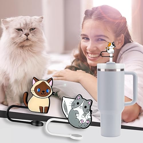 Miniatura 5 de 10 vasos para vaso con popote para gato, 10 unidades, 0.394 in, protector reutilizable, puntas de popote para accesorios de taza (10 unidades, gato