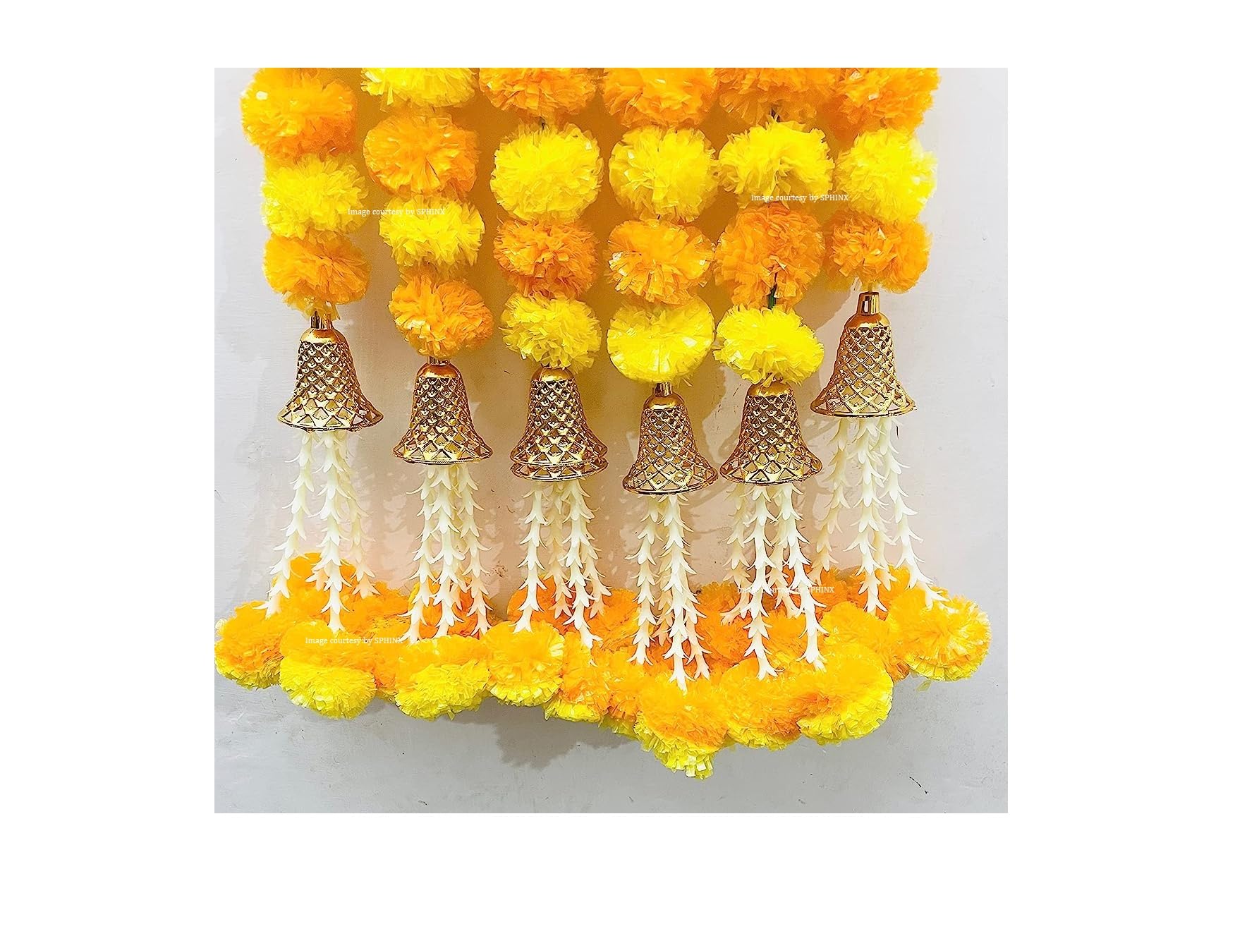 SPHINX Artificial Marigold Fluffy Flowers with Bell and Tuberoses (Rajnigandha) Garlands Tassles Strings for Decorations - (Yellow & Light Orange ( 2 Pieces), Approx 3 ft/36 Inches/90 cms)