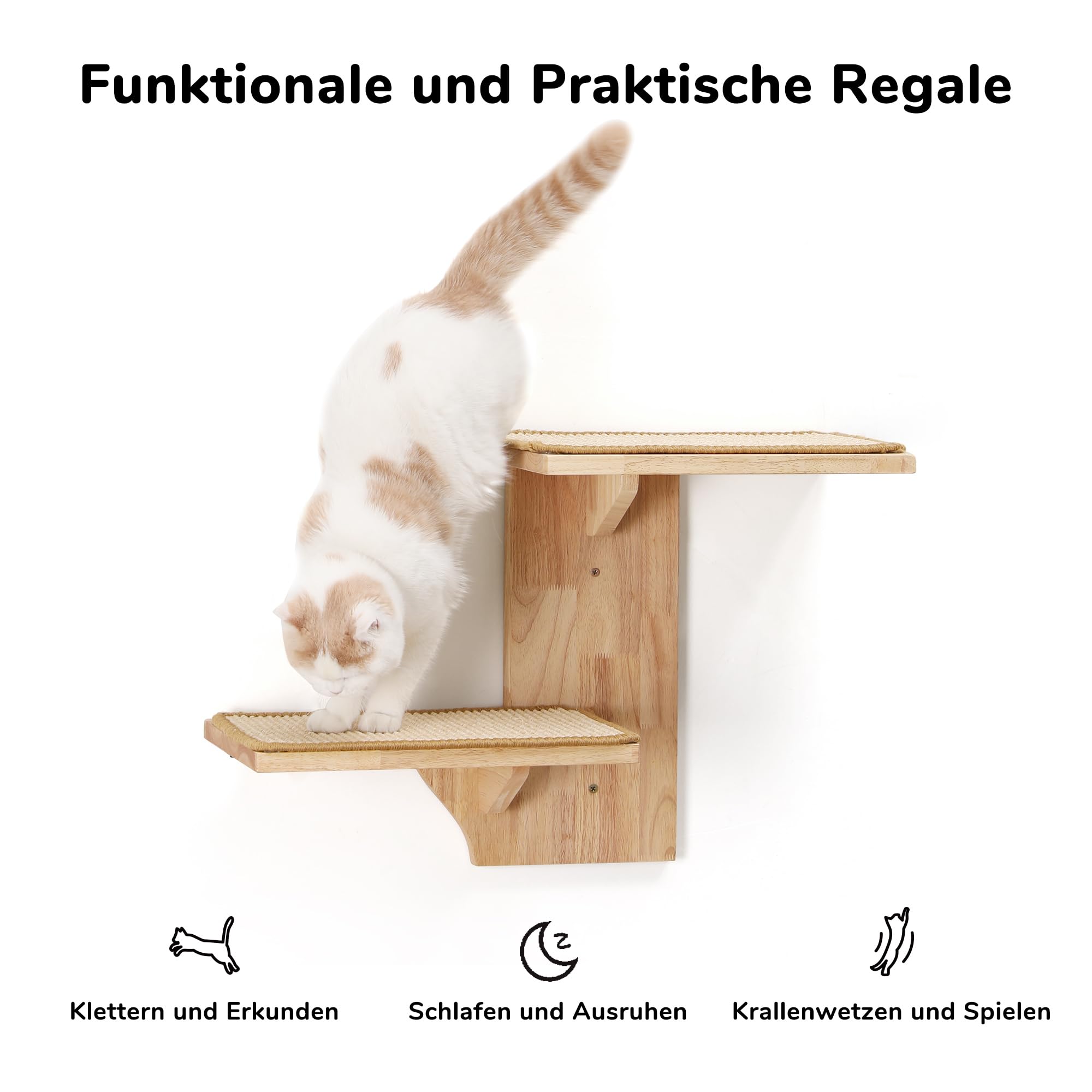 FUKUMARU Kletterwand Katze, 2 Plattform-Katzen-Wandmöbel aus Massives Gummiholz，40,6 cm Wandmontiertes Katzen mit Sisalmatte, Wandregale zum Klettern, Spielen, Kratzen