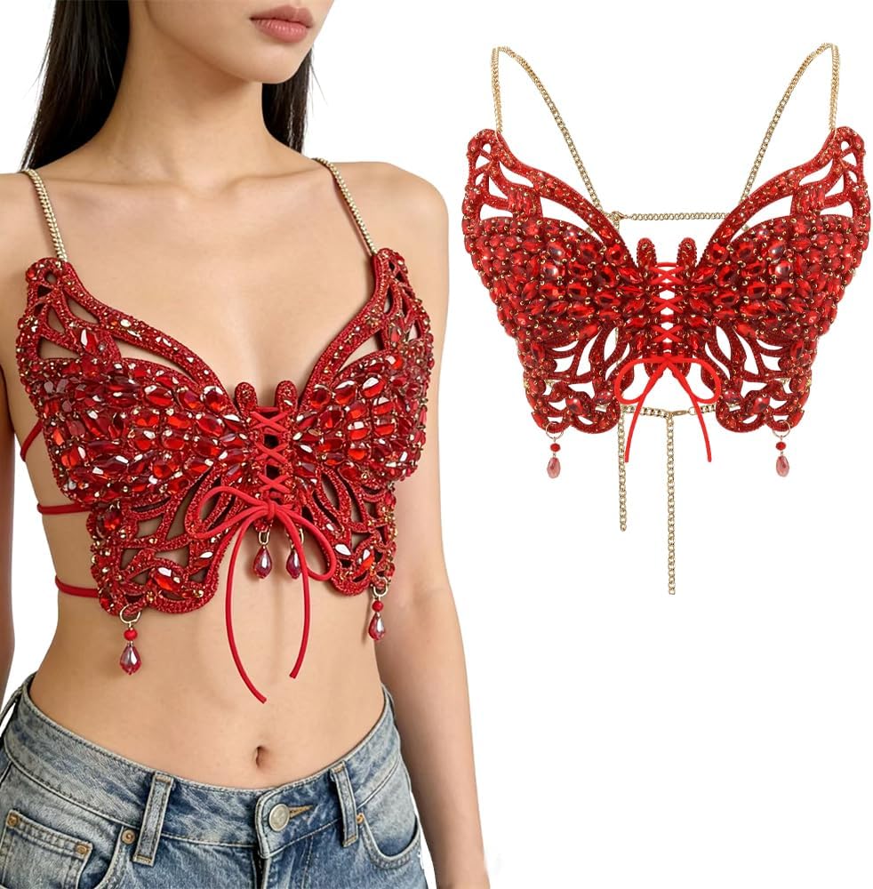 Handmade Butterfly Corset Body Chain Crystal Appliqué Bustier Top, Adjustable with Lobster Clasp for Festival, Rave & Beach Party Wear