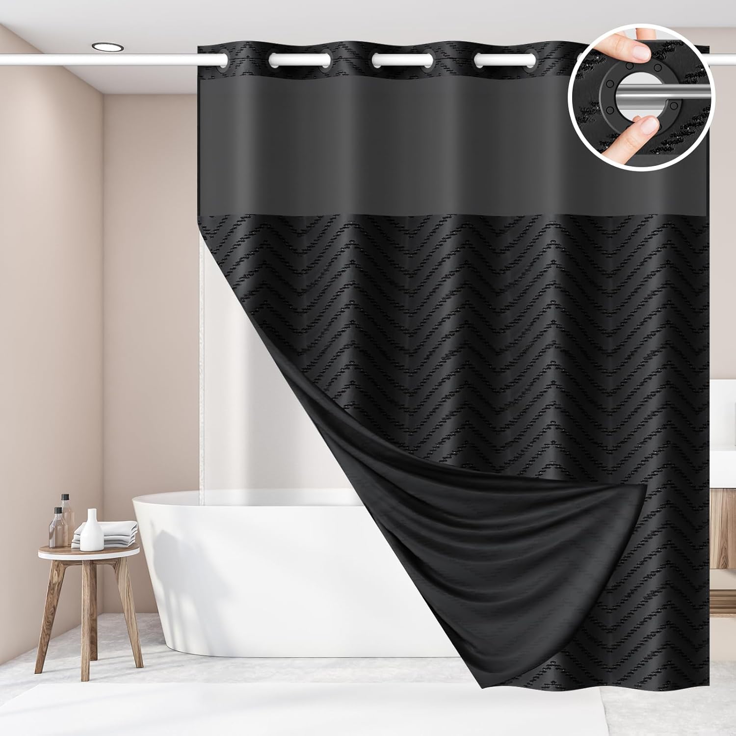 No Hook Shower Curtain and Snap in Liner Set,Black Tufted Chevron Striped Cloth Waterproof Washable Fabric, Boho Bath Curtain with See Through Mesh Top Window for Bathroom Hotel 71" W x 86" L Black 71"W x 86"L (Pack of 1)