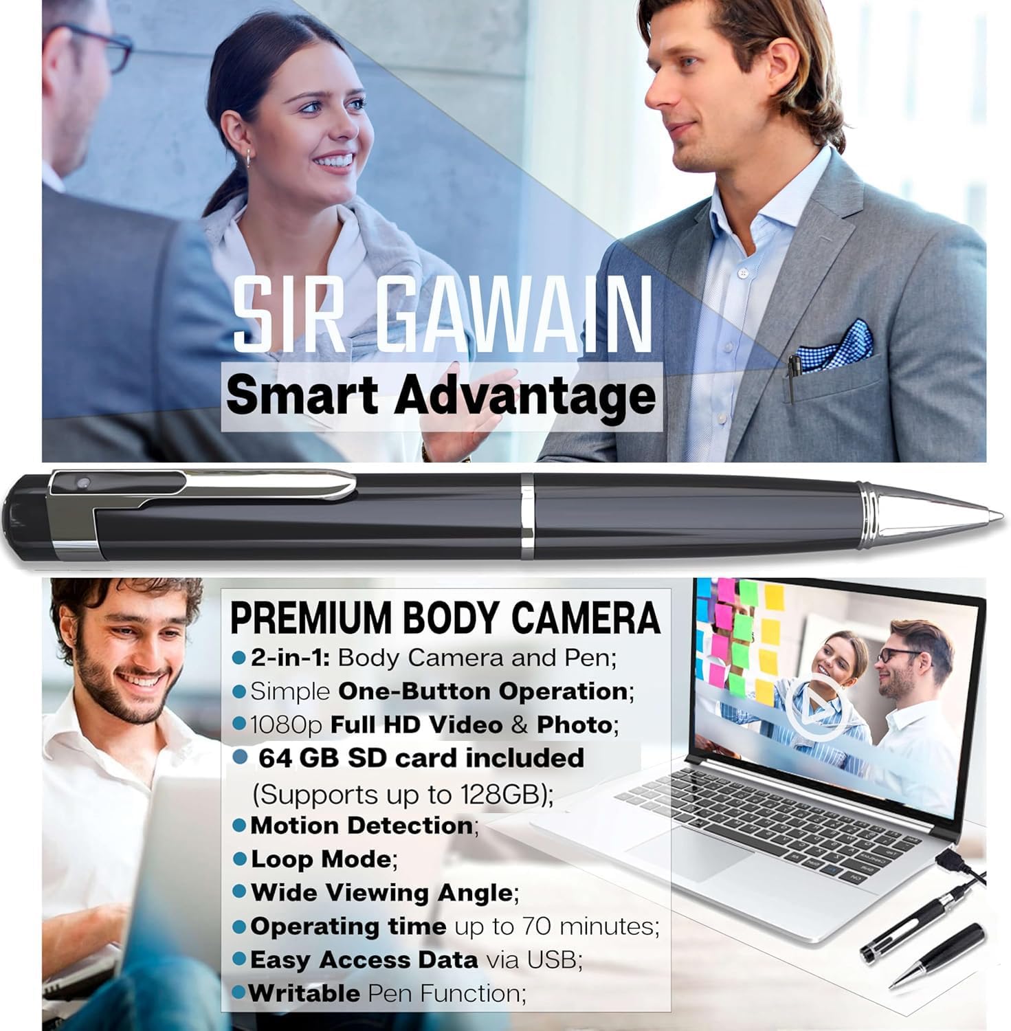 SIRGAWAIN Premium Body Camera Pen — Full HD 1080p Video & Photos, 70-Min Battery, Motion Detection, One-Button Control, 2026 Model