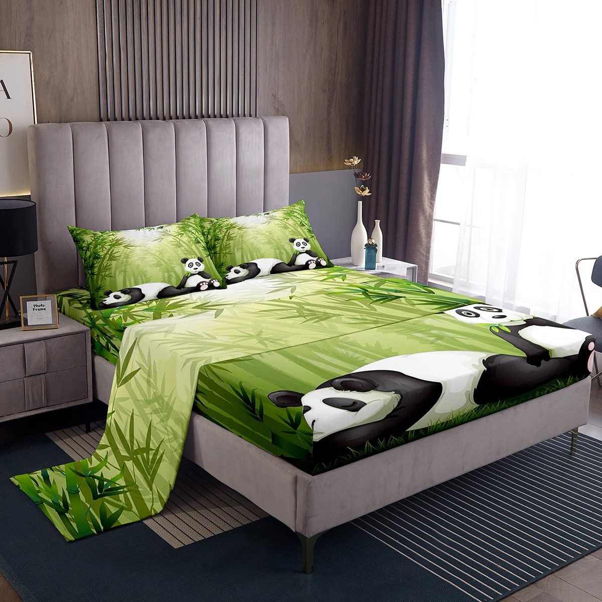 Cartoon Panda Bedding Sheet Cute Animal Bedding Set per bambini Ragazzi Ragazze Adolescenti Panda Orso Bambù Verde Lenzuola Traspirante Wildlife Cartoon Panda Gigante Lenzuolo King Size