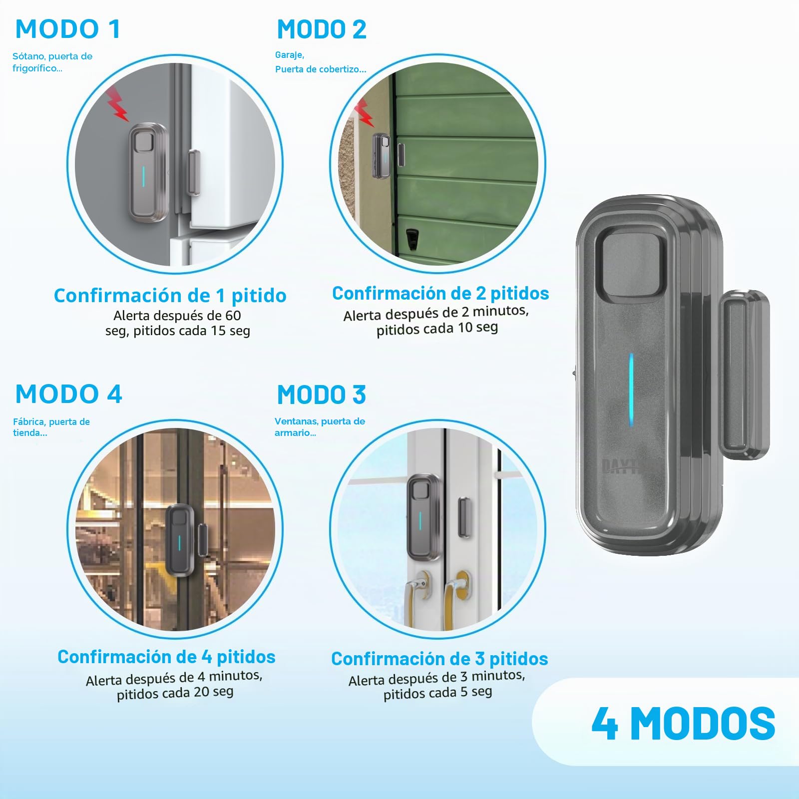 Alarma de puerta de frigorífico DAYTECH con retraso de 1/2/3/4 minutos cuando se abre la ventana, alarma de cierre de puertas, recordatorio, sensor de puerta de congelador o timbre de 0 a 120 dB para