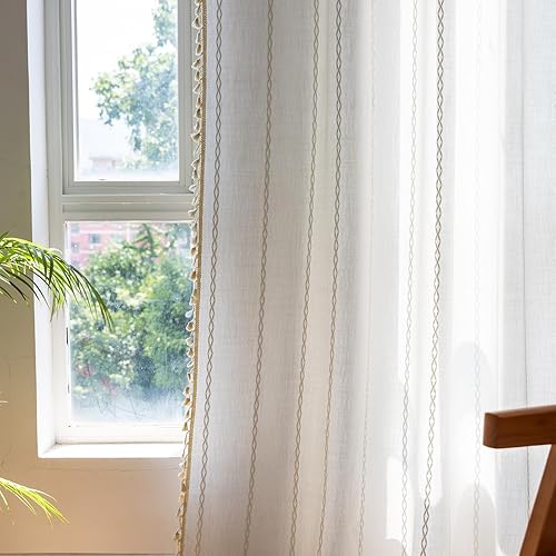Miniatura 45 de Deeprove Cenefa Bohemia Blanca con Borlas para Decoración de Cocina y Cafetería, Cortinas Cortas de Algodón y Lino Crema Estilo Bohemio Rústico,