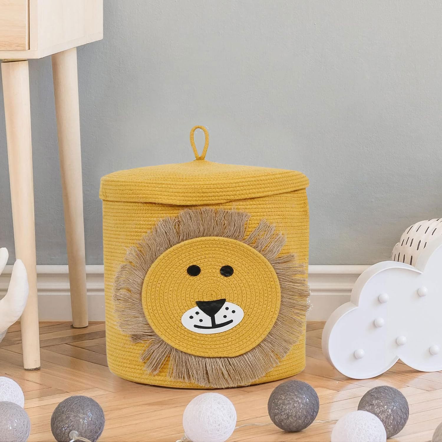 Luxe Home Cotton Lion Basket for Storage Foldable Wardrobe Multipurpose use Laundry Basket (12"X12") Baby Bucket Hamper Cloth Storage Box Kitchen,Office and Living Room (Yellow)-image-17