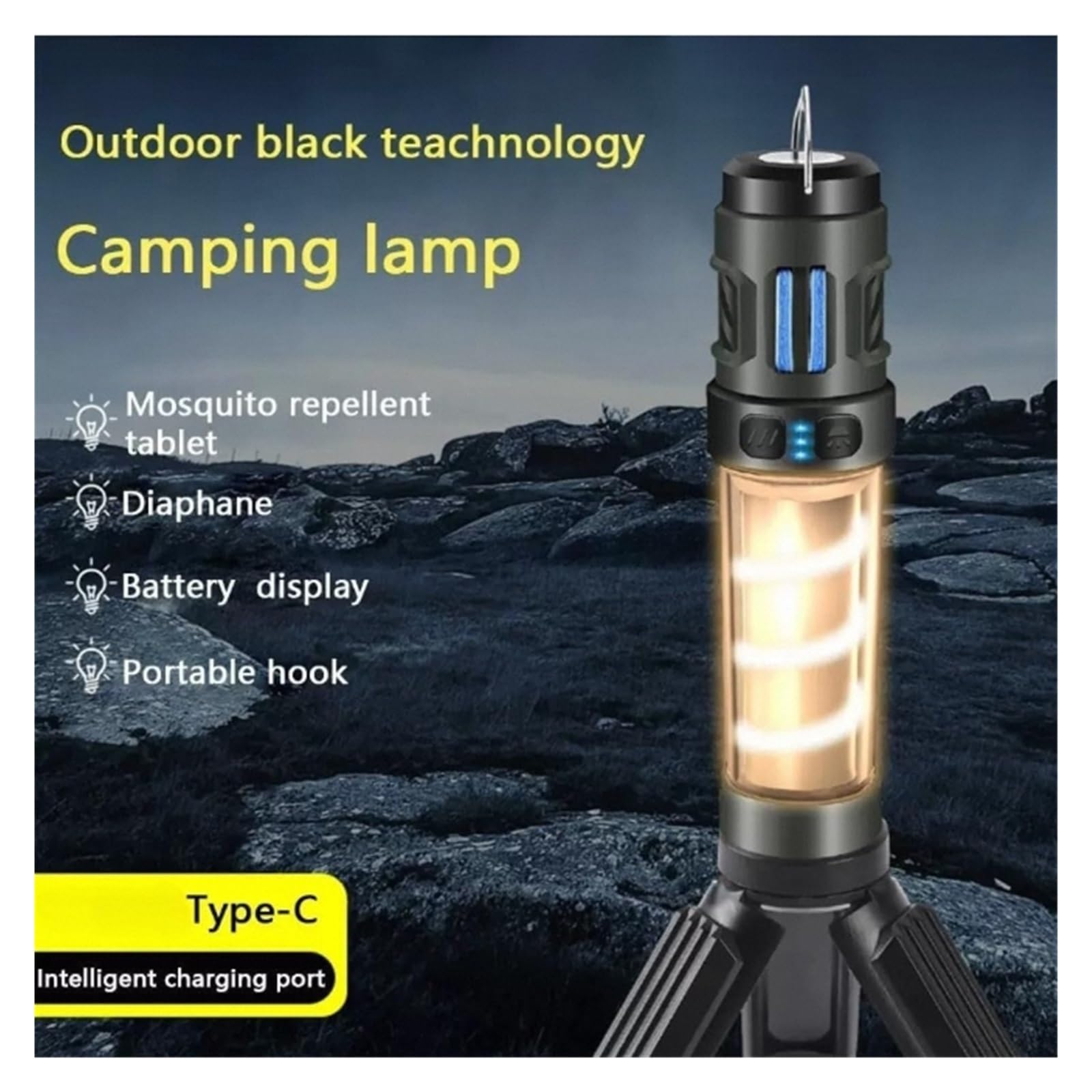 3 w 1 lampa kempingowa do użytku na zewnątrz z dwoma trybami oświetlenia, regulacją jasności, wyświetlaczem stanu baterii, przenośnym haczykiem i ładowaniem przez złącze typu C do użytku na zewnątrz –