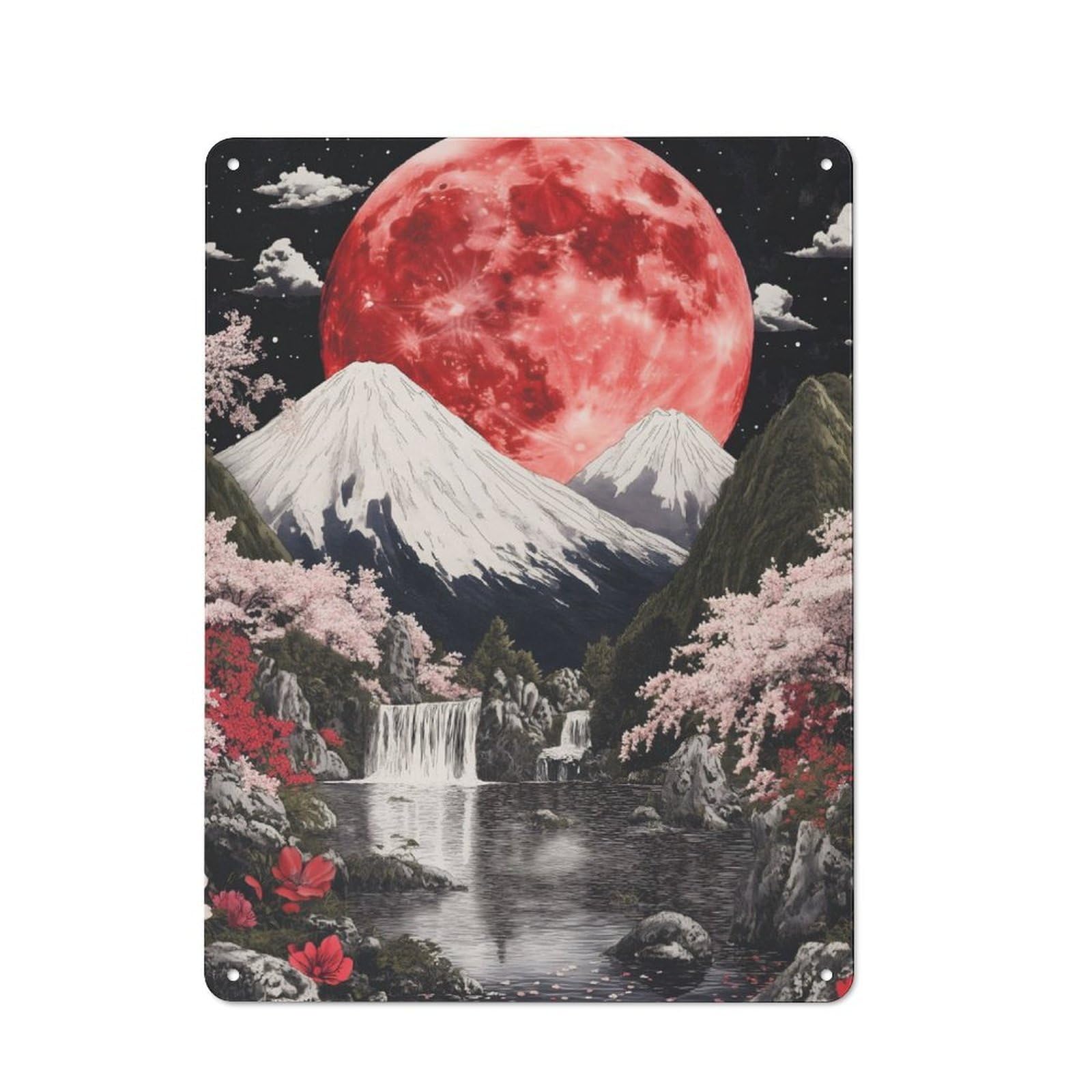 Junmoney Red Moon Fuji Mountain Retro Tin Sign 40X30cm For Garden Room Or Summerhouse, A Housewarming Gift For Garden Room Decor Fans