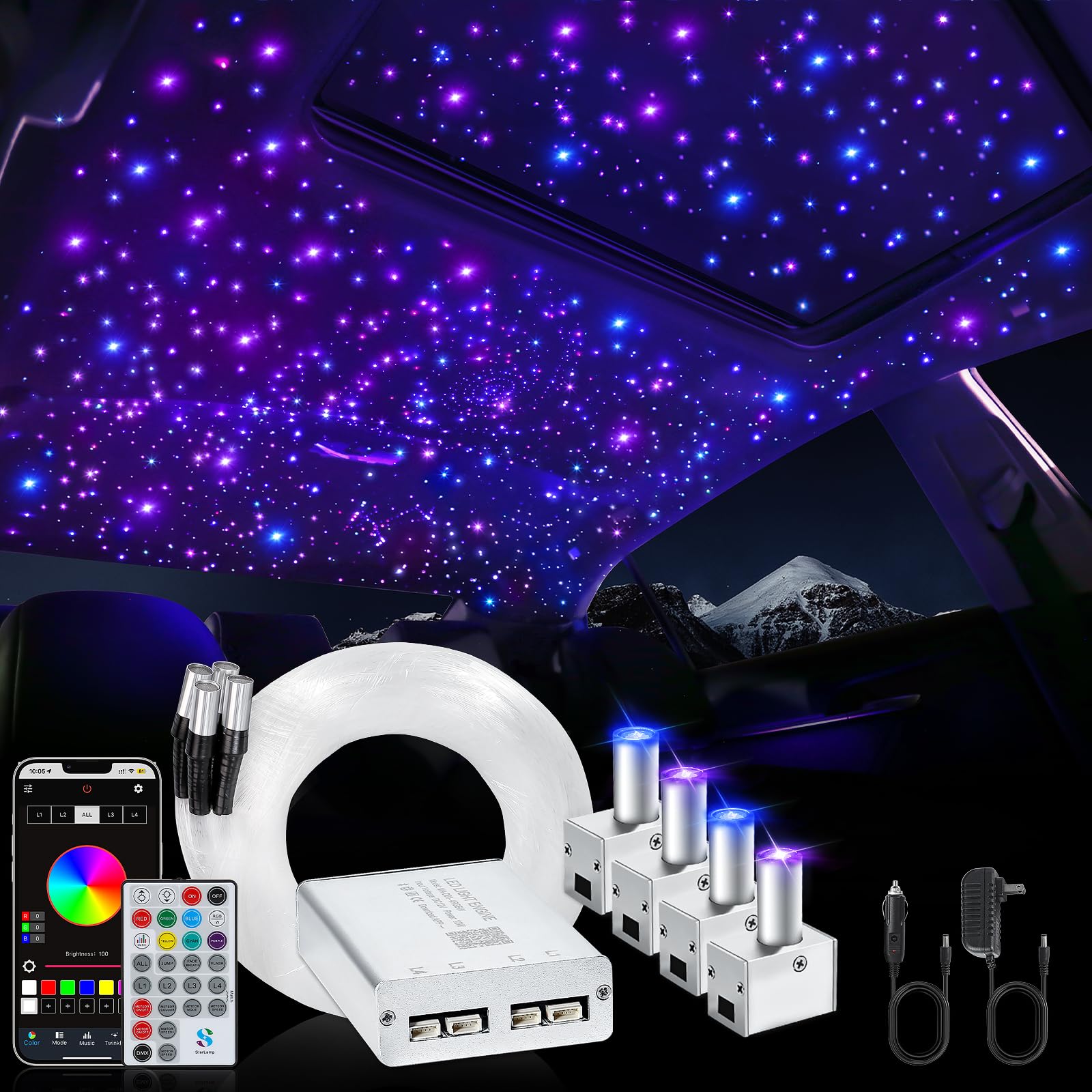 Split 4 Colors 12W Car Starlight Headliner Kit 1000pcs*0.02in*9.8ft with APP&RF Remote,RGBW Fiber Optic Strands Star Roof Lights,4 Port Engine Sound Activated Star Ceiling Lights for Car/Home Decor