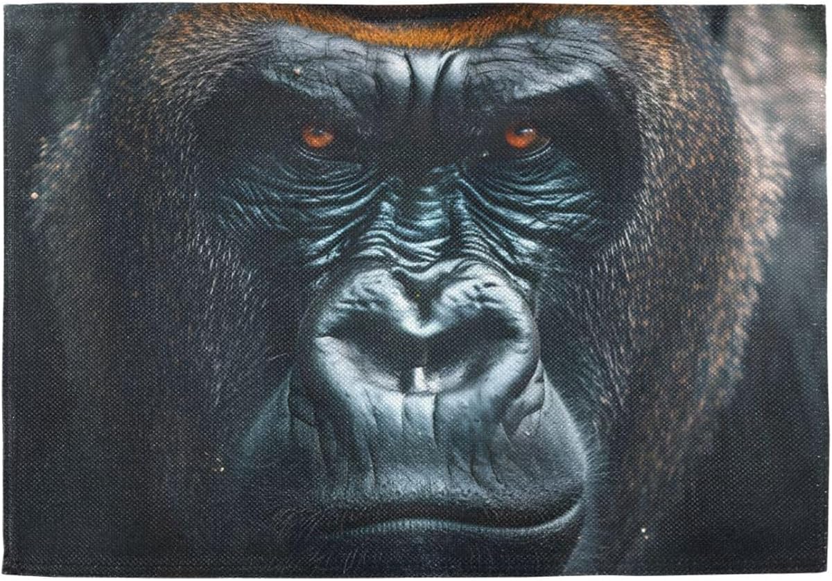 Gorilla Face Gaze Burlap Placemats 6-Pack Non-Slip | Faux linen texture, Non-slip backing, Reversible print, 6-pack 12x18in, Machine washable, Stain-resistant, Daily dining