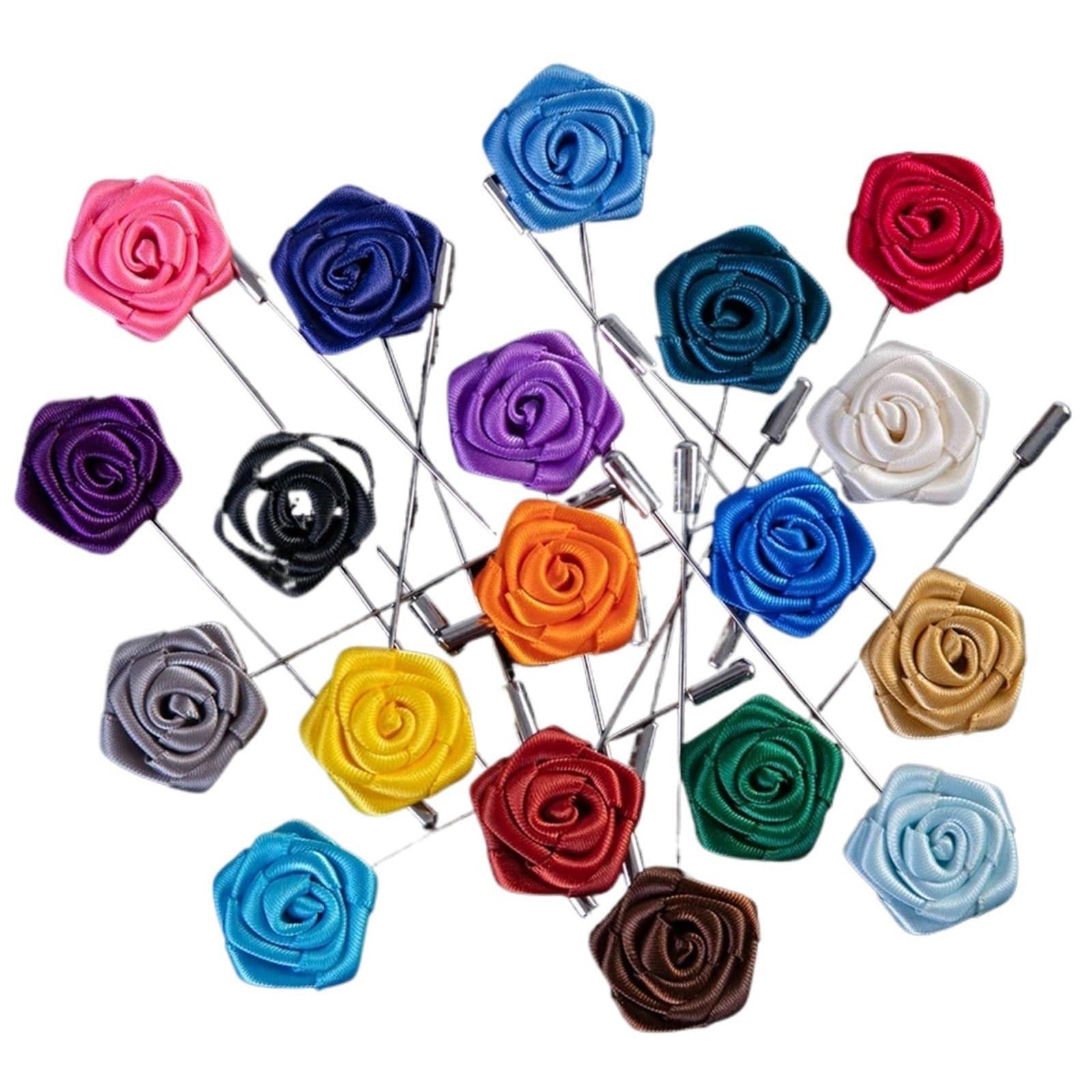 19pcs Suit Brooch Pins Brooches Wedding Handmade Ribbon Rose Flower Button Stick