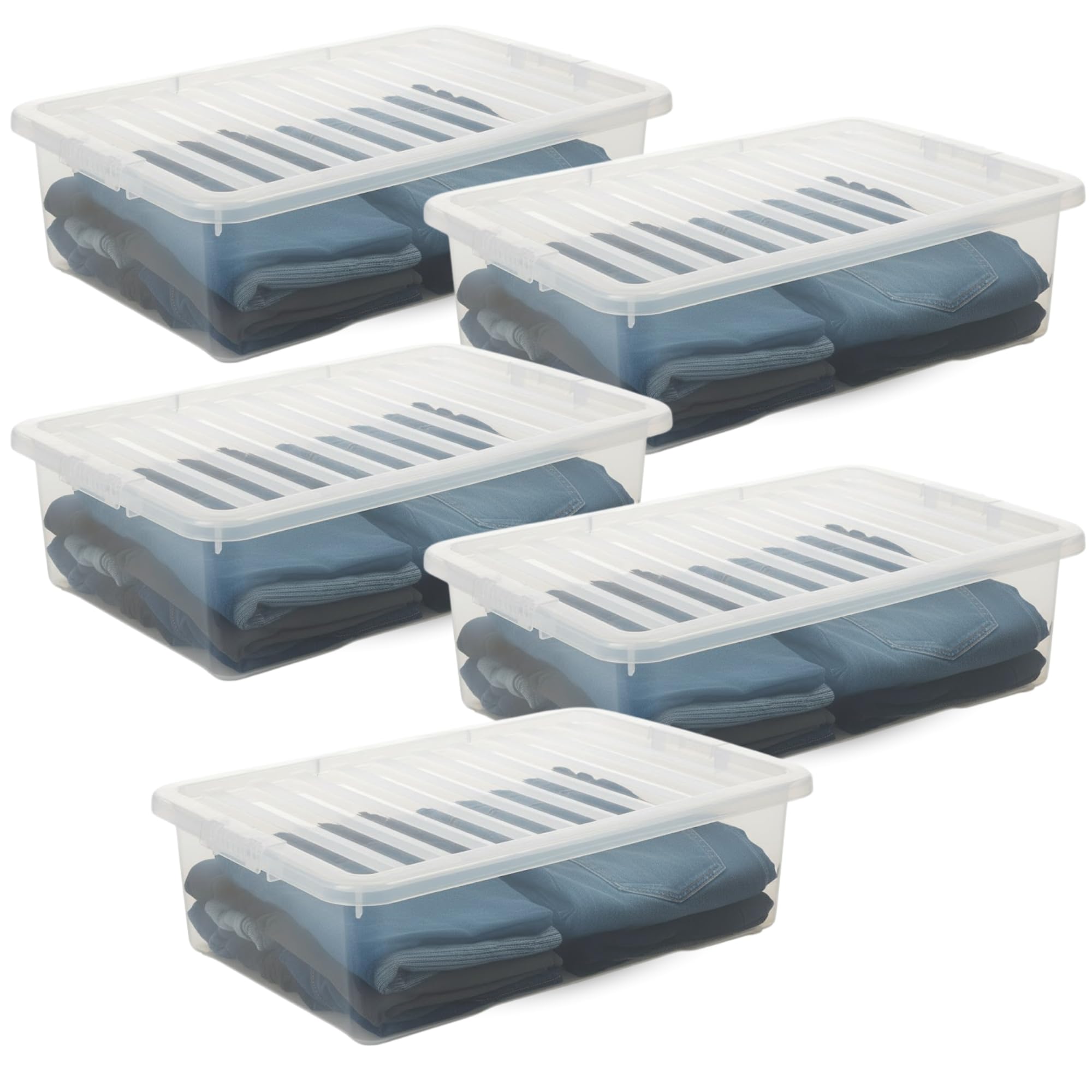 SIDSONS - 5x 32L Clear Plastic Underbed Storage Box with Lid - Space-Saving Nestable & Stackable Multi-Purpose Storage Boxes - Transparent Duvets & Clothes Organizer - Flat Storage Box with Clear Lid