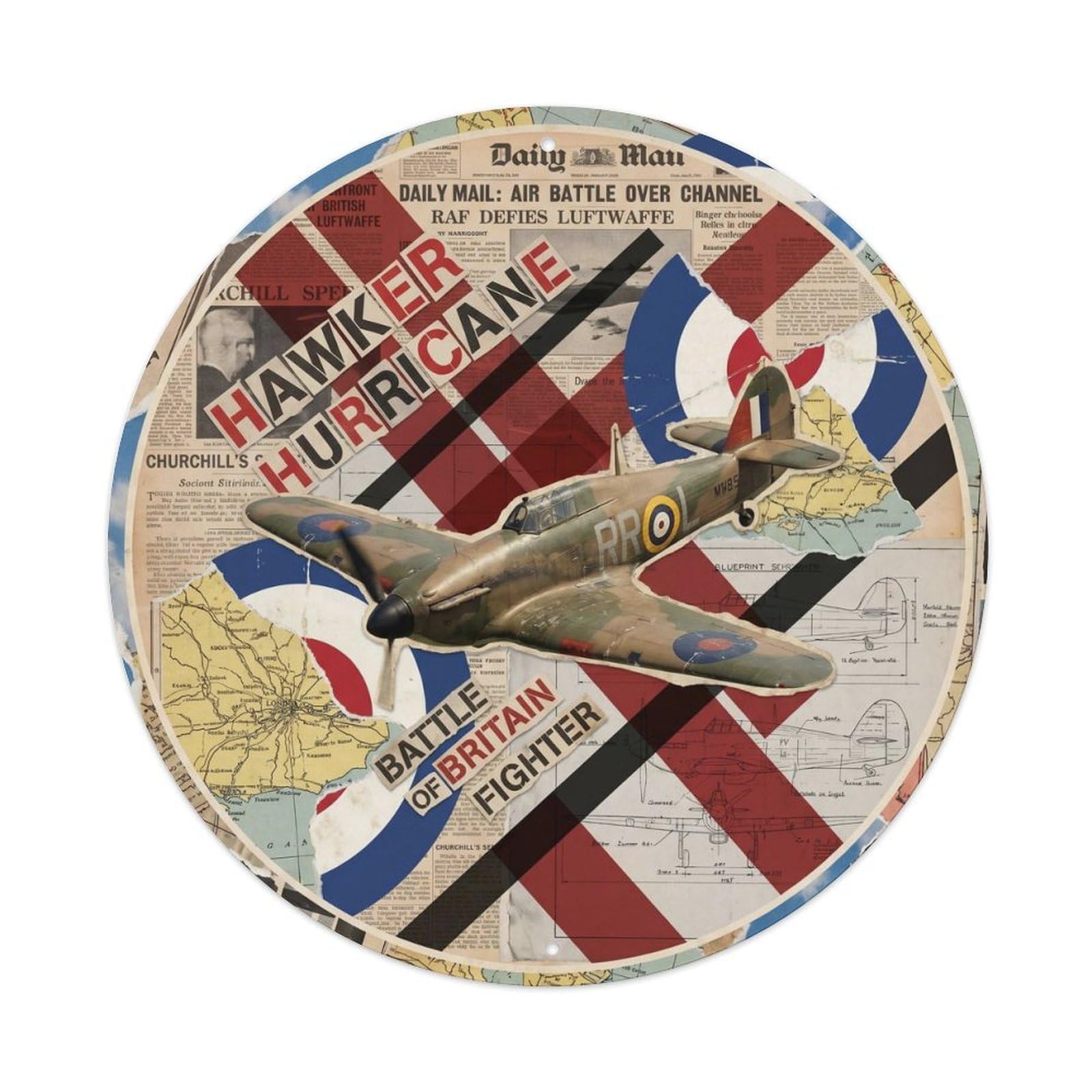 Hurricane Fighter Aircraft British WWII Military Retro Metal Tin Sign Plaque Wall Decor for Cafe, Man Cave, Club Bar, Office, Home Garden Round Metal Poster 8x8Inch