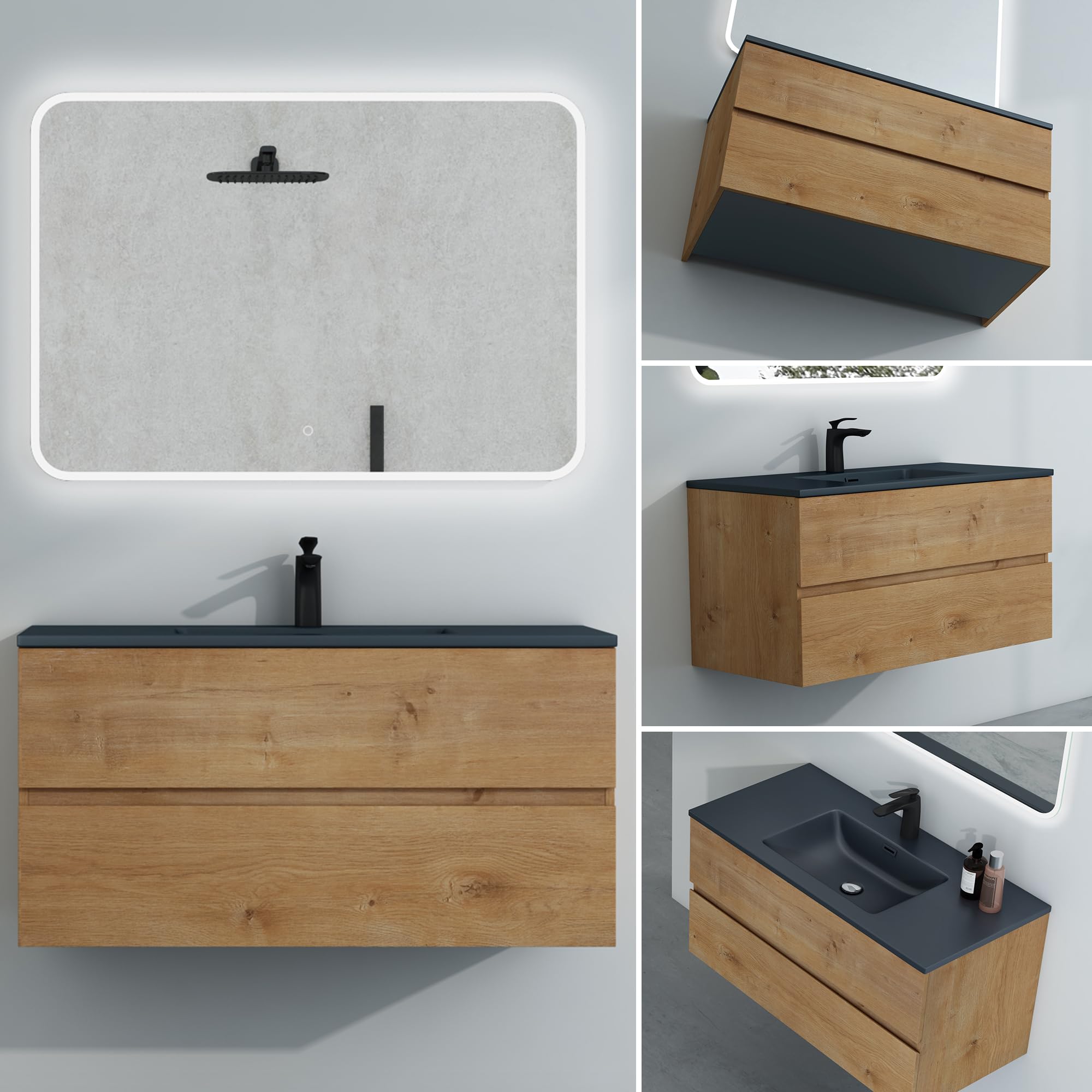 Mai & Mai Badmöbel-Set Waschtisch mit Unterschrank Mineralguss Waschbecken in Anthrazit Waschbeckenunterschrank 80x48x50cm Kerneiche 2-Schubladen Soft-Close Aqualis