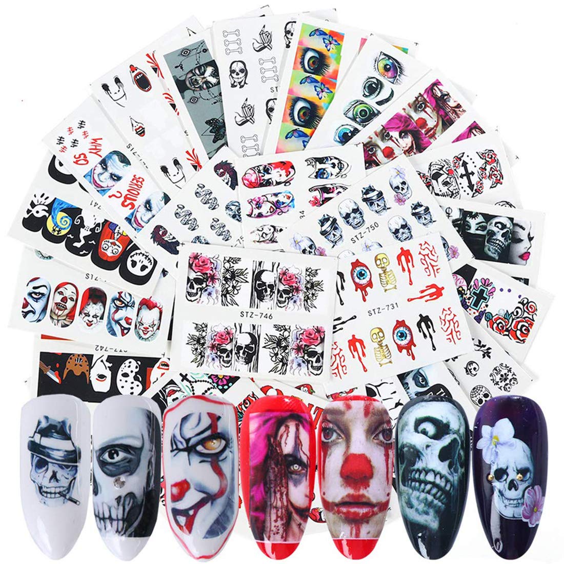 Halloween Nail Stickers 25 Sheets Day of Dead Nail Art Accessories Ghost Skull Eye Clown Hulk Water Transfer Nail Stickers for Women Halloween Party Decoration Supply Fingernails Toenails