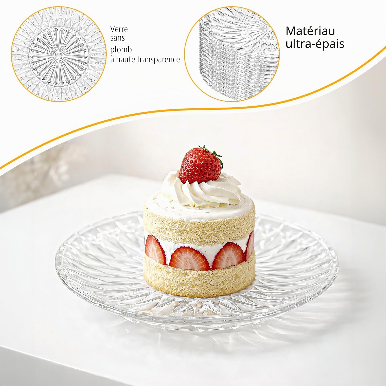 MALLOOM Lot de 12 assiettes à salade en verre cristal, assiettes à dessert rondes transparentes de 20 cm, assiettes de service pour restaurant, fêtes, fruits et collations