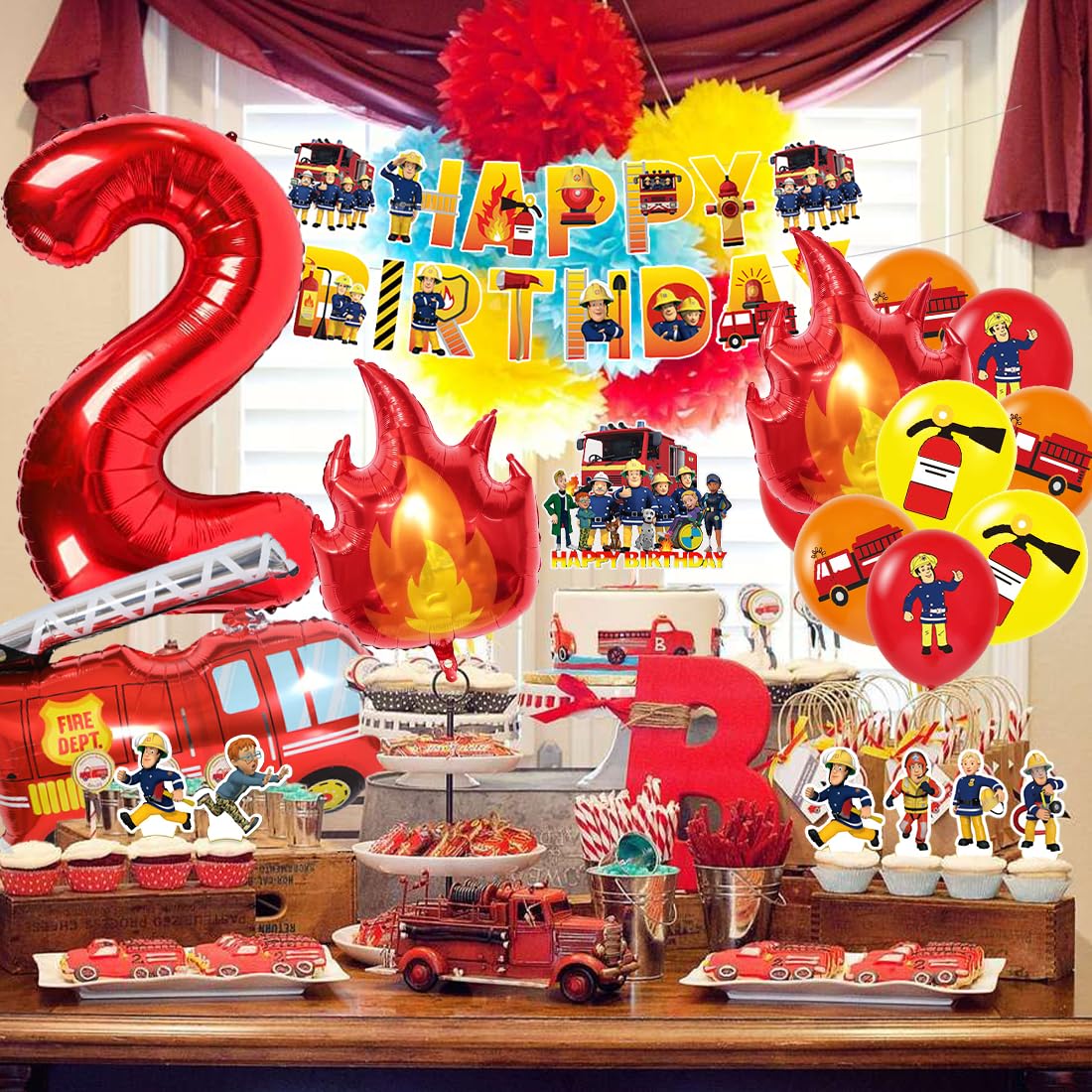 Compleanno Pompiere Decorazione, Palloncino Numero 2 Camion dei