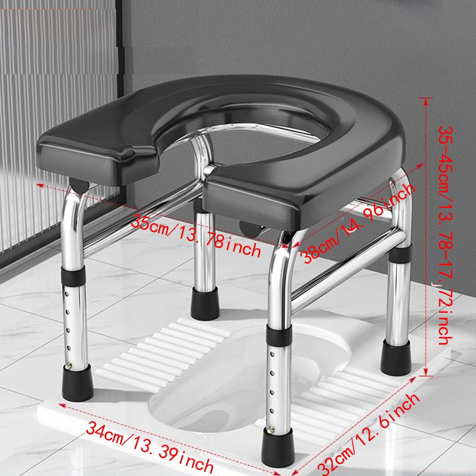 Asiento de Inodoro Elevado, Taburete con Orinal Portátil, Base Estable, Altura Ajustable para Baño, Negro