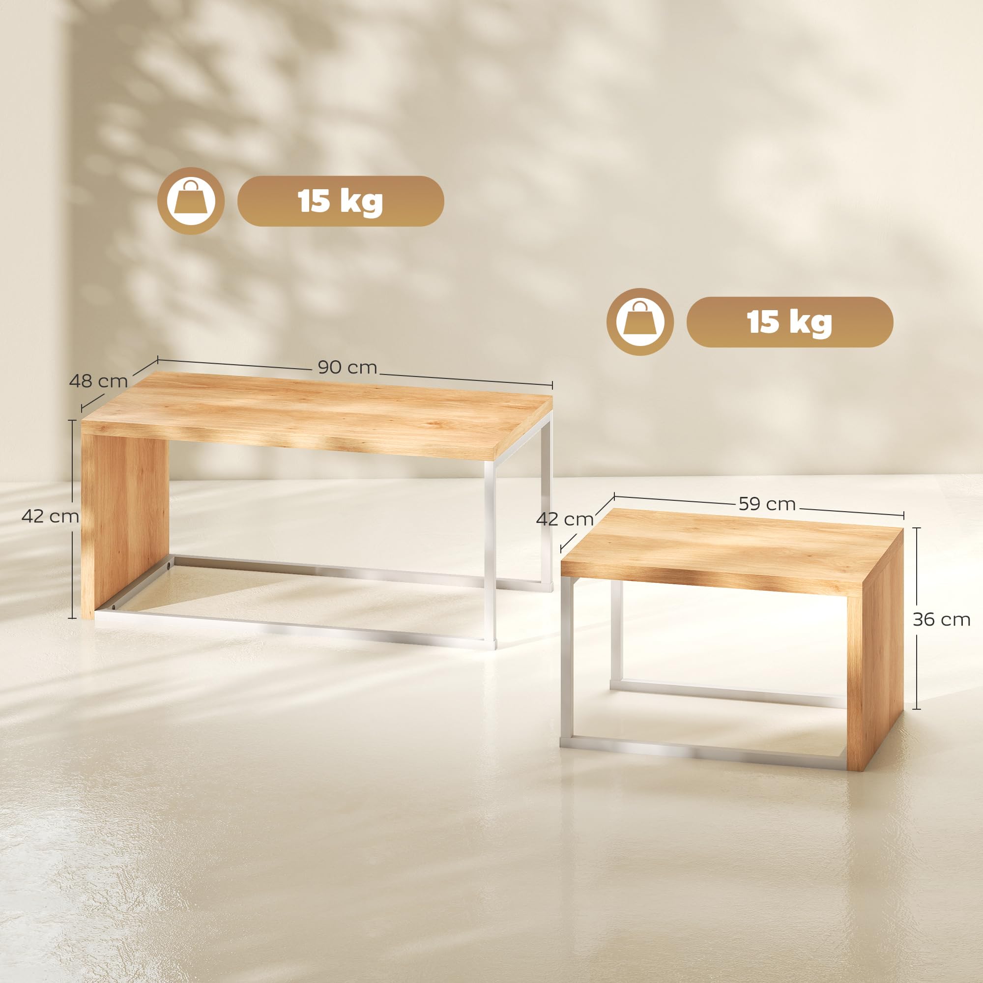 HOMCOM Juego de 2 Mesas de Centro, Mesa Nido Moderna, Mesitas Auxiliares, Marco de Metal, para Salón, Dormitorio, Grande 90x48x42 cm y Pequeña 59x42x36 cm, Natural y Blanco