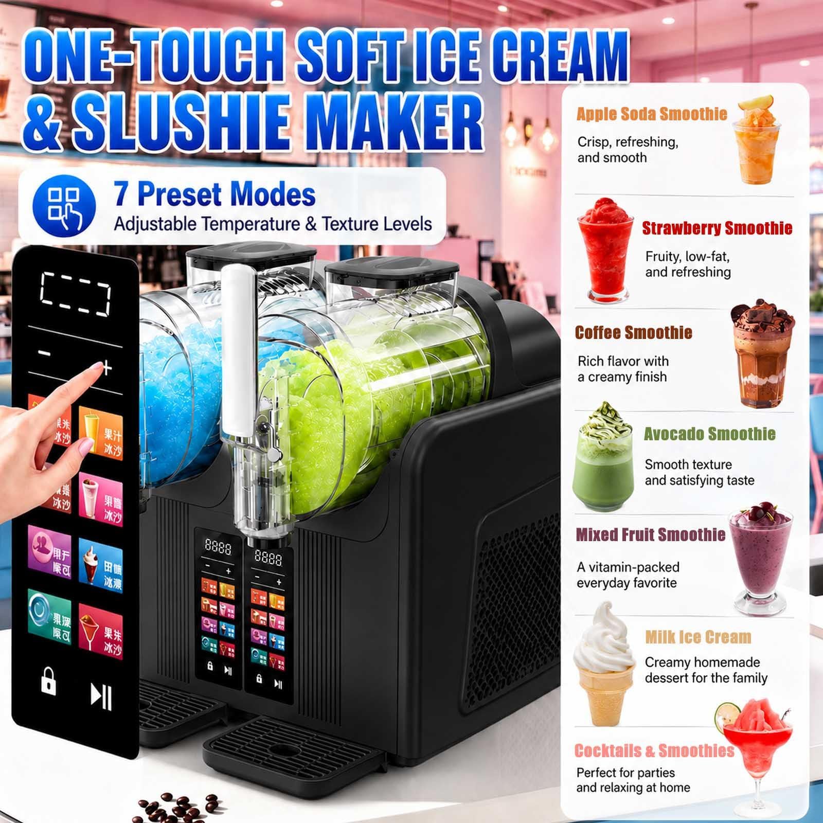 Máquina De Granizados Y Helado Soft, Doble Tanque 2 X 2 L Para Hogar/Comercio, Sin Hielo, Enfriamiento Rápido, Temperatura Regulable, Pantalla Táctil,Para Margaritas Y Frappés, Negra white