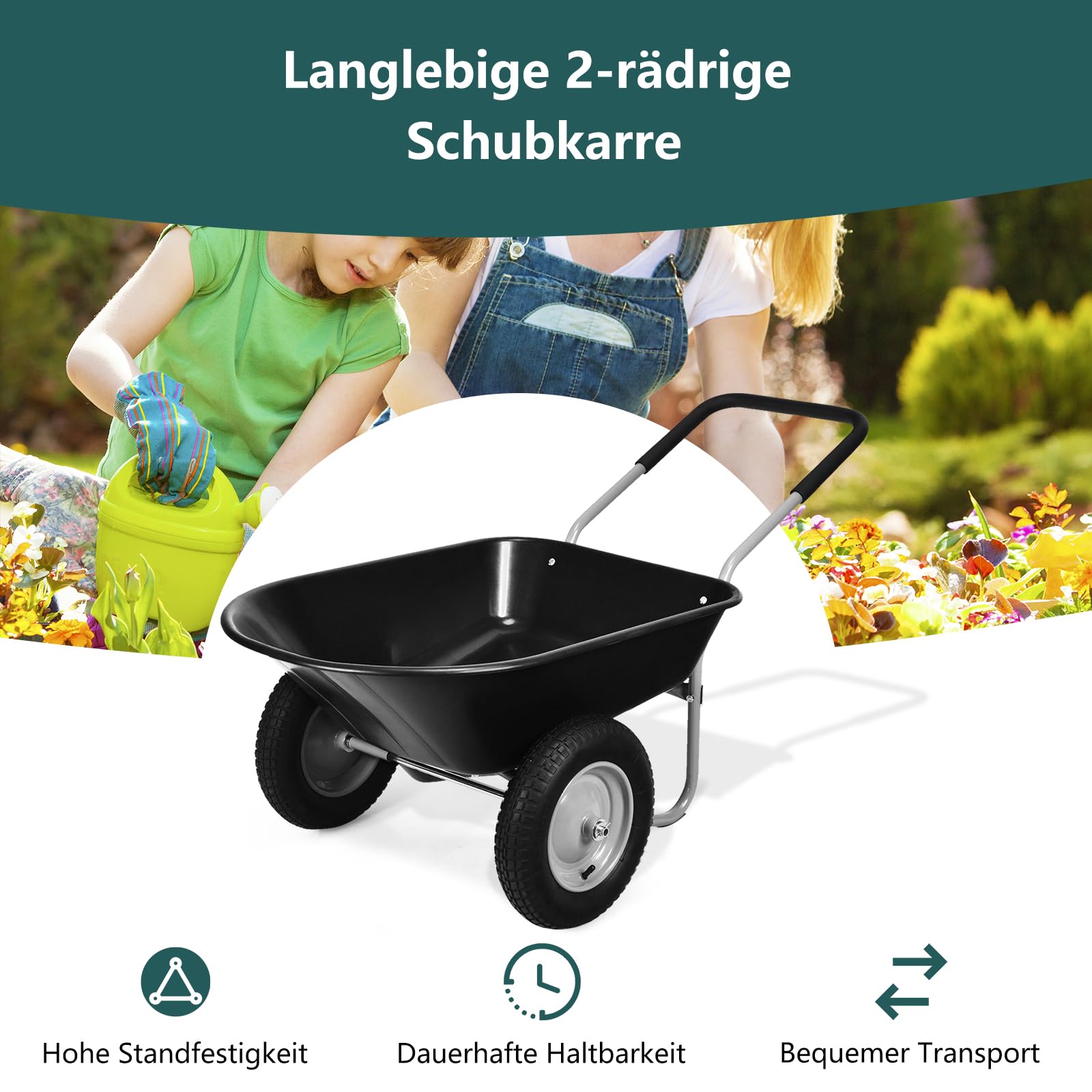 GYMAX Gartenschubkarre 100 Liter Volumen mit 2 Luftreifen, Schiebkarre Transportkarre mit Griff, Bauschubkarre bis 100 kg belastbar, 65 x 145 x 65 cm (Schwarz)