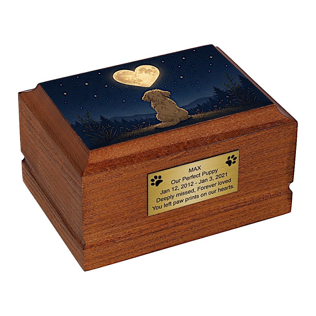 Dog Cremation Urn for Pet Ashes, Wooden Memorial Box with Moon and Heart Design for Loving Remembrance