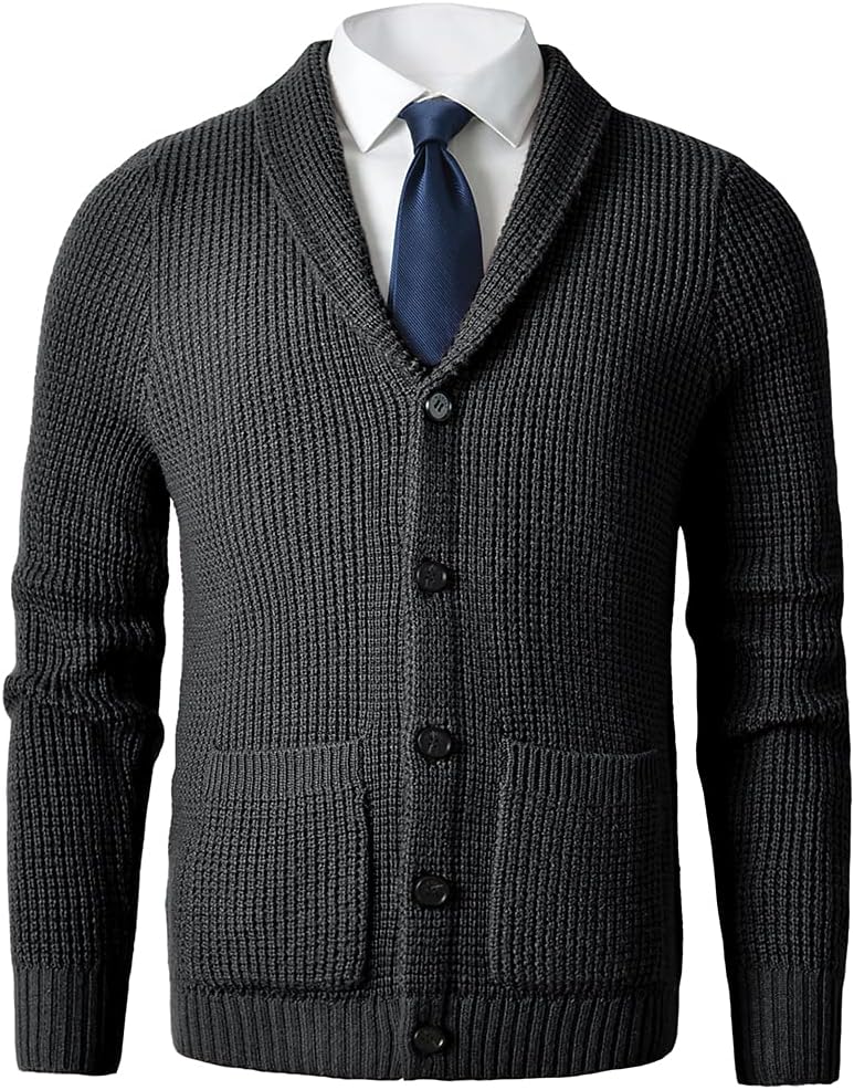 Men's Casual Slim Thick Knitted Shawl Collar Cardigan Sweaters Pockets - Image 2