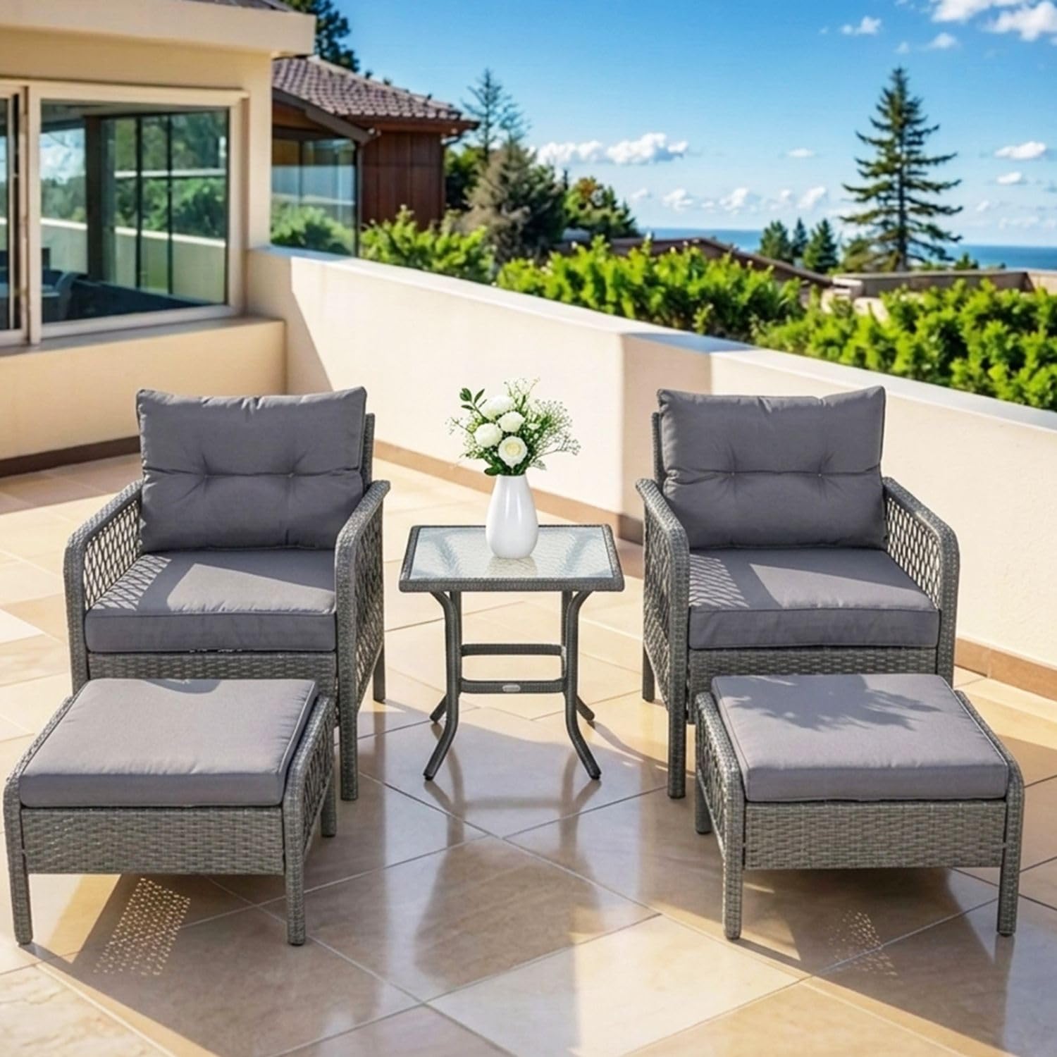 DEVOKO Outdoor Patio Furniture 5 Pieces Set, All Weather Wicker Rattan Set with Cushioned Patio Chairs, Ottoman Set, Glass Side Table for Lawn, Pool, Balcony (Silver Gray & Grey)