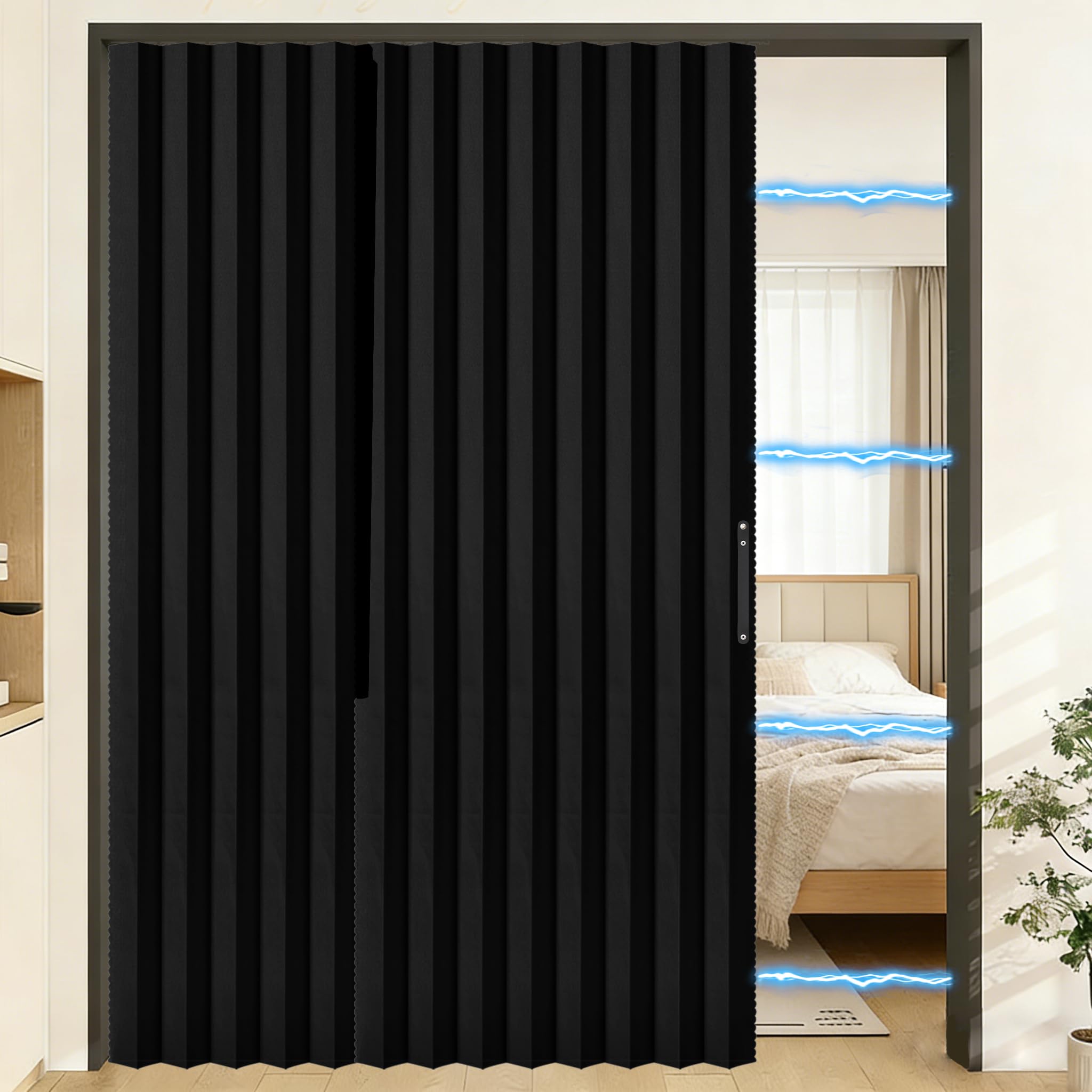 RINHARTEX Blackout Accordion Style Magnetic Door Curtain Sets Included Tracks for Closet Pleated Folding Doorway Curtain Accordion Door Interior Room Divider Bedroom Bathroom(72x79,Black) — image 1