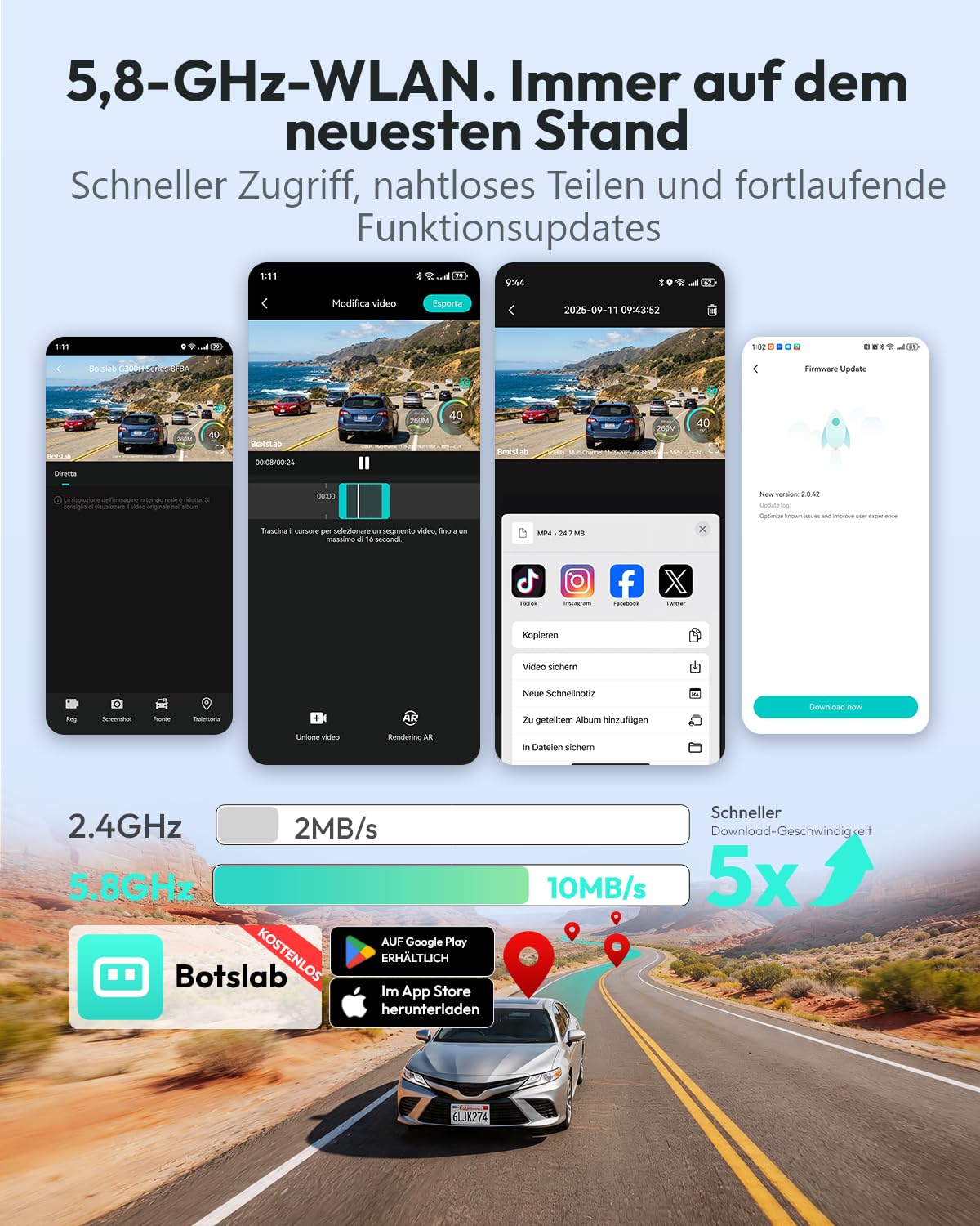 BOTSLAB 4K Dashcam Auto Vorne Hinten mit STARVIS 2, 4K+1080P,WDR Nachtsicht | 64GB SD-Karte,Sprachsteuerung,Dual Dash Cam mit 5,8GHz WiFi GPS,G-Sensor,24/7 Parküberwachung,2"Display,Max 256GB(G300H PLUS)