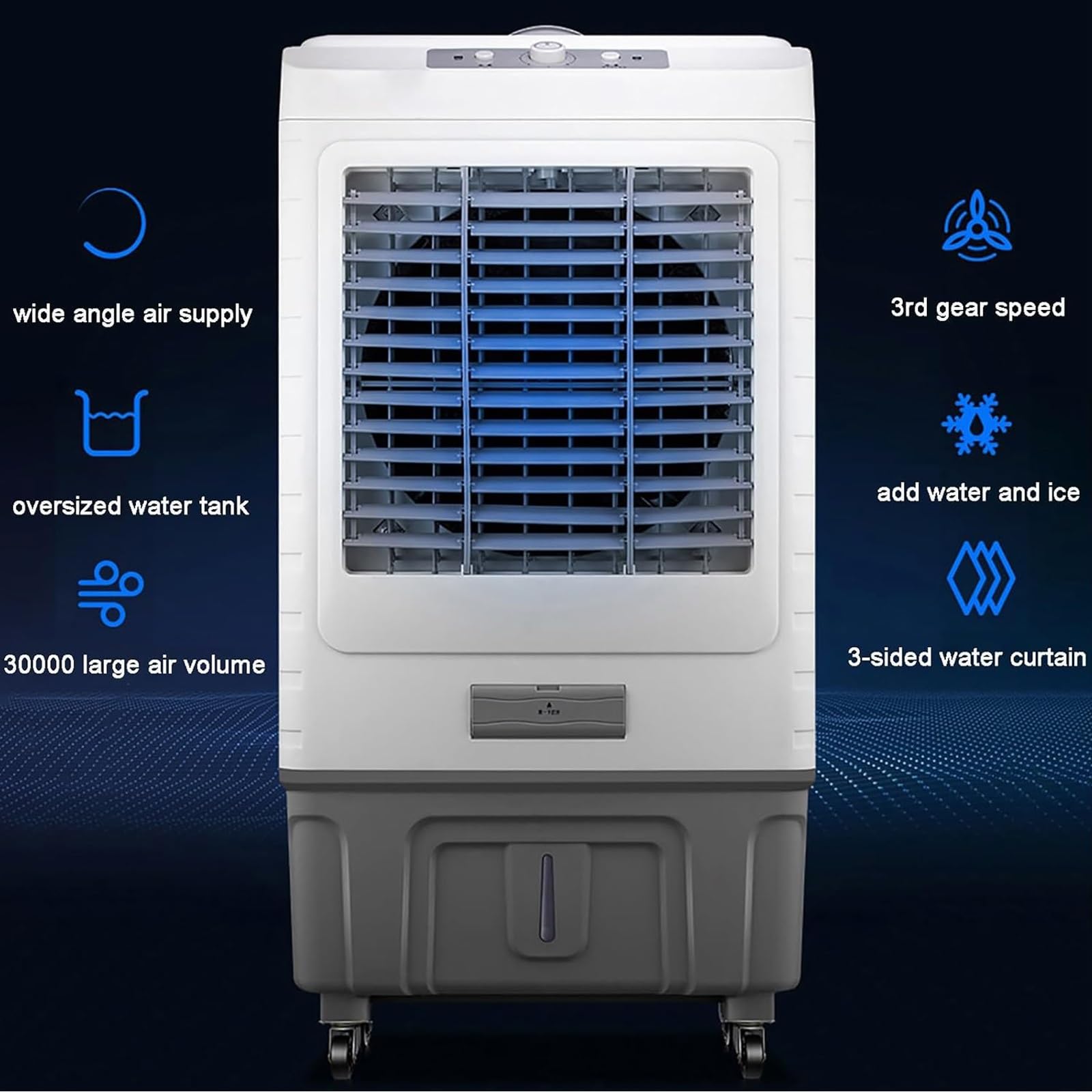 Raffrescatore Evaporativo Industriale con 4 Ruote Universali, Oscillazione a 120°, 3 Velocità, per Casa, Garage e Terrazze All'aperto(50x37x85cm)