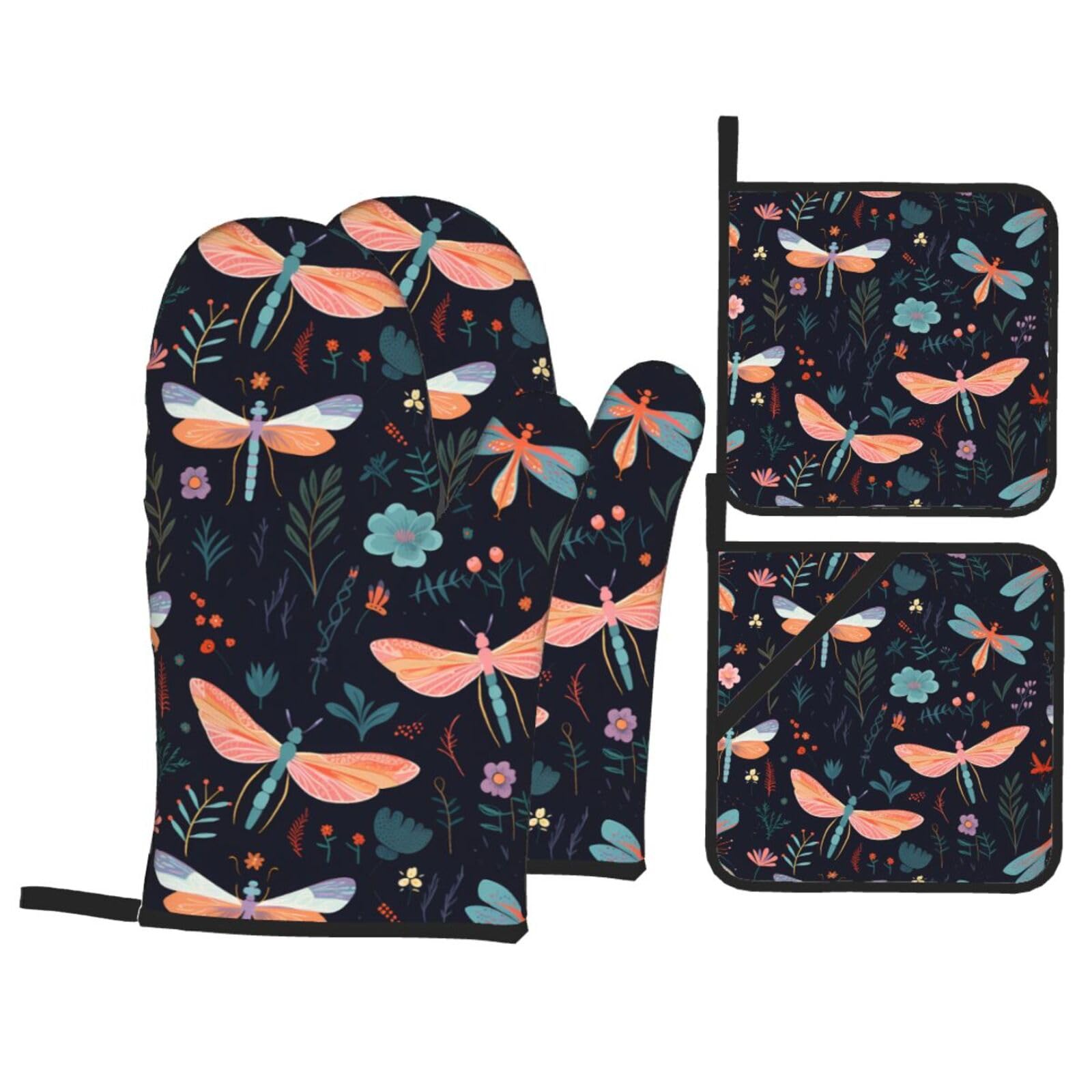HJFCZH Dragonfly Garden Spring Picture Kitchen Baking Set of 4 Thick Insulated Oven Mitt & Pot Holders, Anti-Scalding for Microwave, Oven, Outdoor BBQ