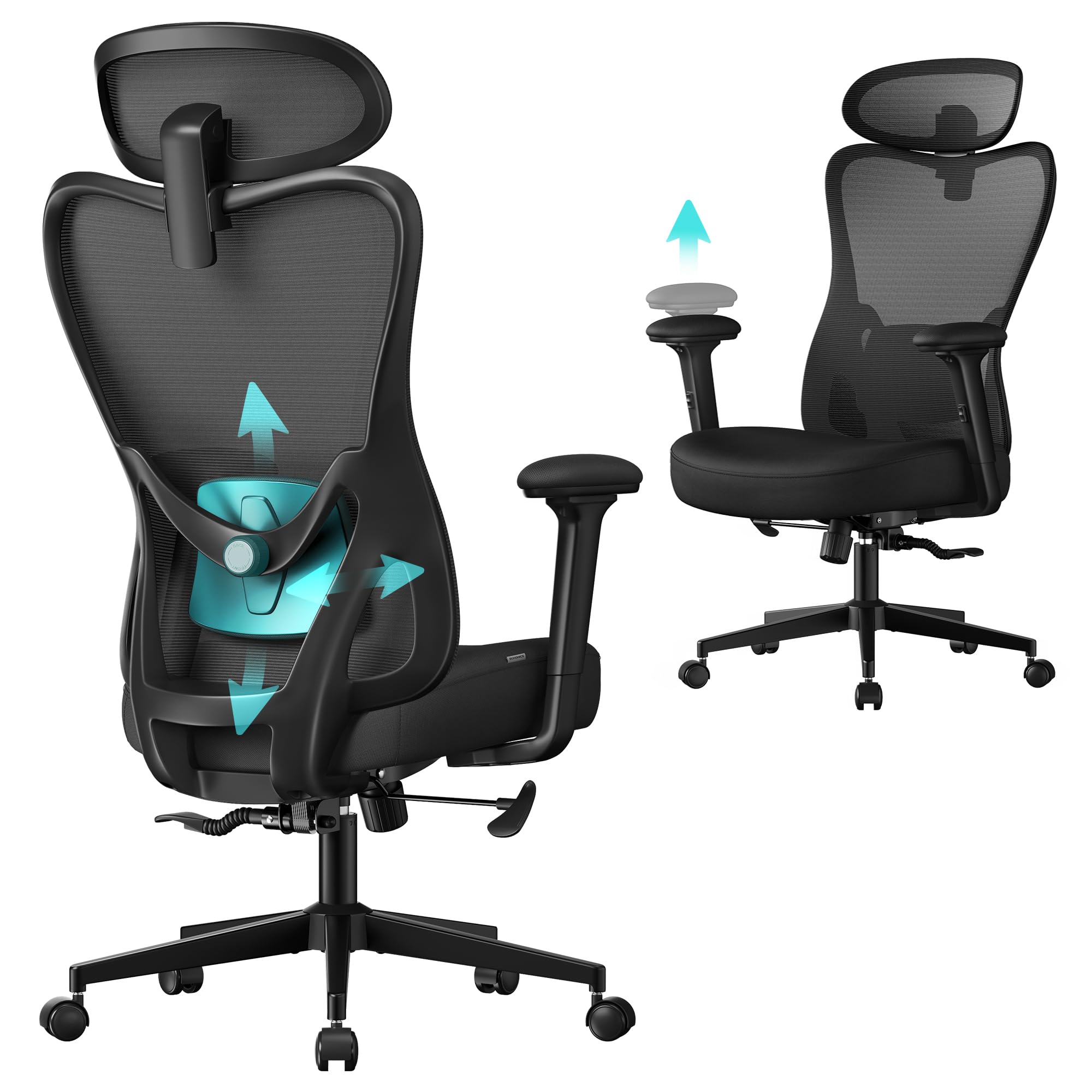 SONGMICS Silla de Oficina Ergonómica, Silla de Escritorio, con Reposacabezas y Soporte Lumbar Ajustables, Carga de 150 kg, Altura Ajustable, Negro Tinta OBN066BH01