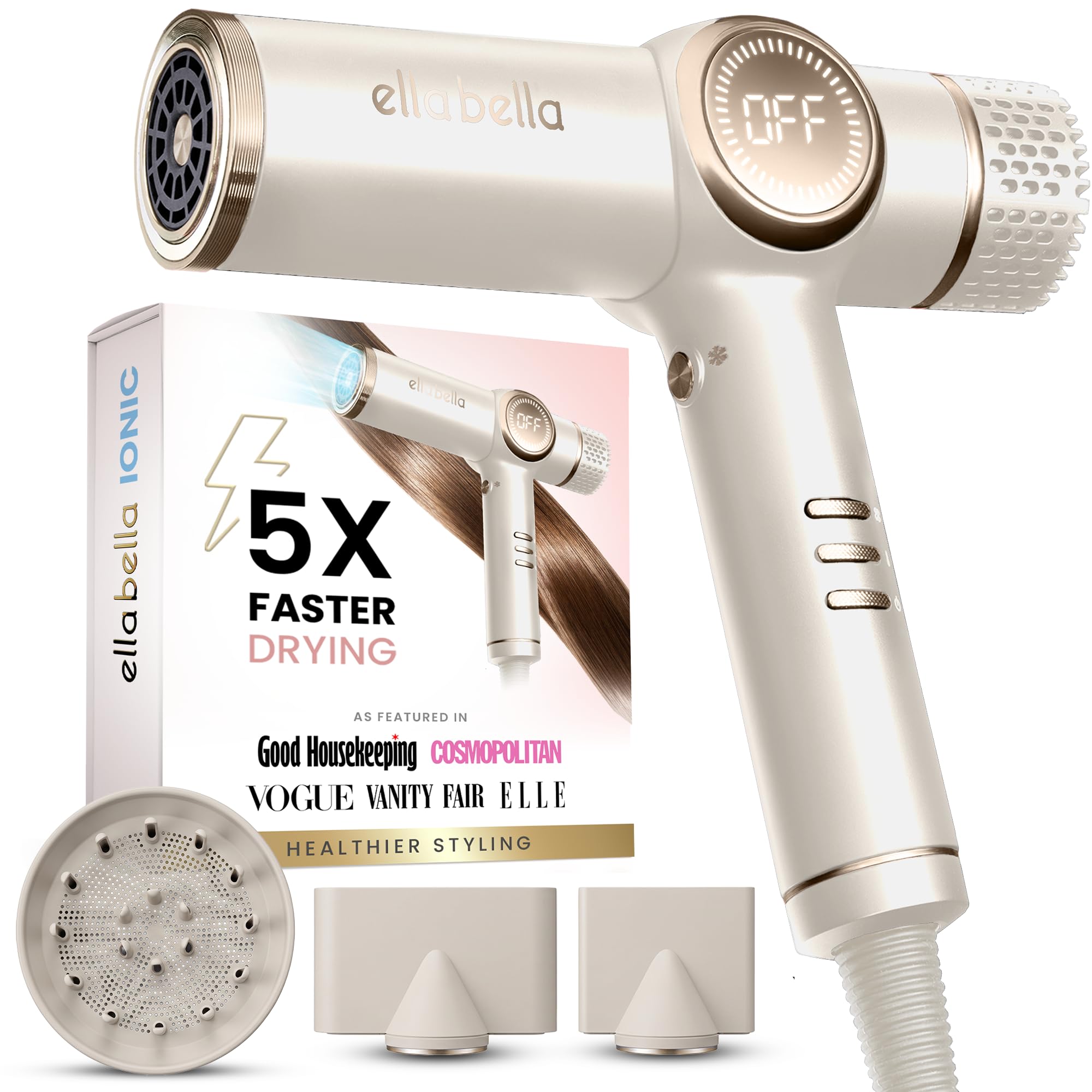 ELLA BELLA® Professional Ionic Hair Dryer with Diffuser • Negative Ion Blow Dryer • Suitable All Hair Types • Intelligent Heat Control & Rapid Drying Speeds • Lightweight Design • Low Noise Technology