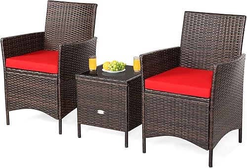 Miniatura 9 de Juego de muebles de patio de 3 piezas, muebles de mimbre para exteriores con cojín resistente al agua y mesa superior de vidrio templado, juego de