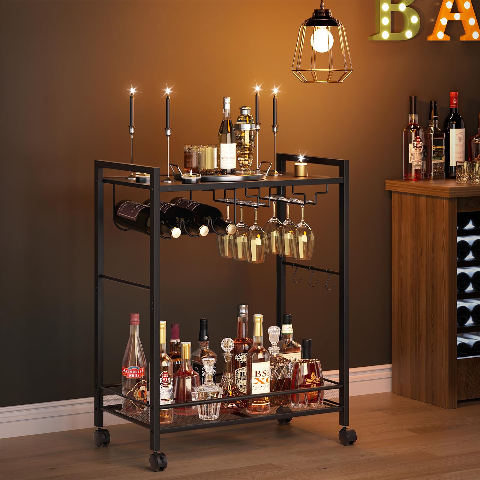 Joaxswe Bar Cart, Home Bar Serving Cart with 2-Tier Shelf,Rolling Beverage Cart with Wheels,Mobile Kitchen Shelf,Modern Black Wine Drink Cart with Wine Rack and Glass Holder for Kitchen,Dinning Room