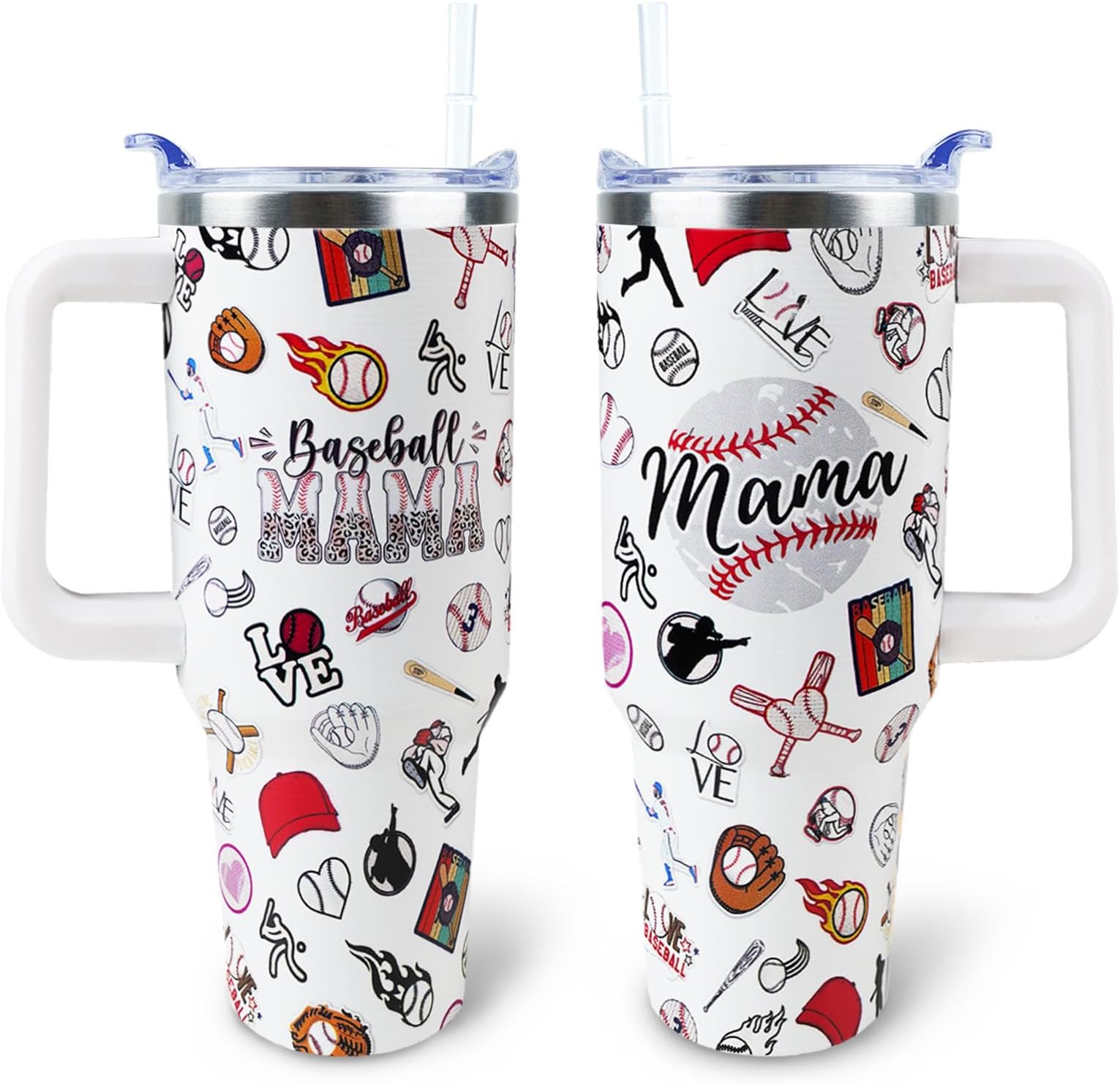 WENININOK Baseball Mom 40 oz Tumbler with Handle and Straw Lid Leak Proof - Baseball Mom Tumbler for Mothers Day Gifts for Mom Women - Stainless Steel Cup Dishwasher Safe