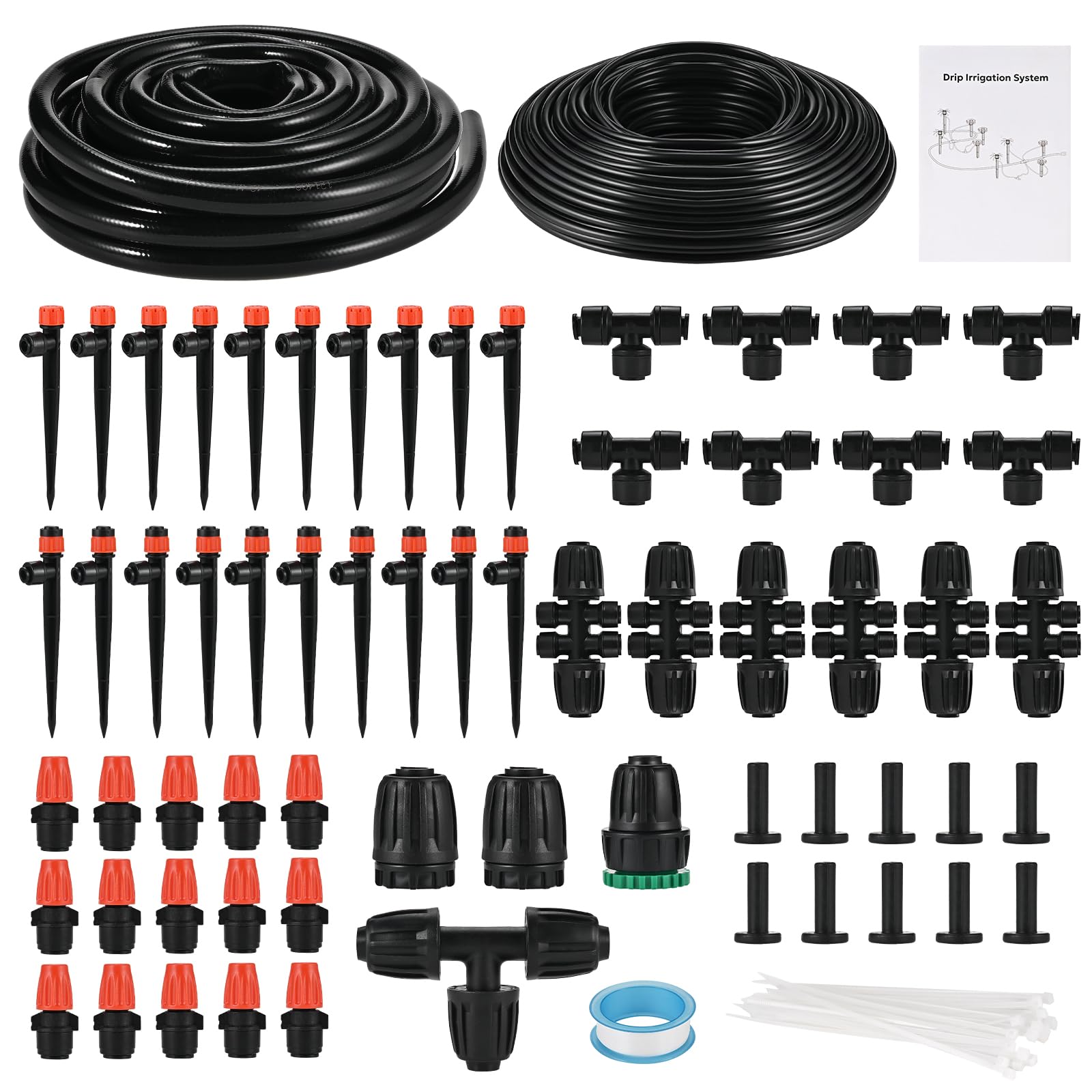 Faburo - Kit de sistema de riego de 71 m, conector rápido, sistema de riego automático de jardín para plantas al aire libre, tubo de 1/4 pulgadas + 1/2 pulgadas, kit de riego por goteo de invernadero