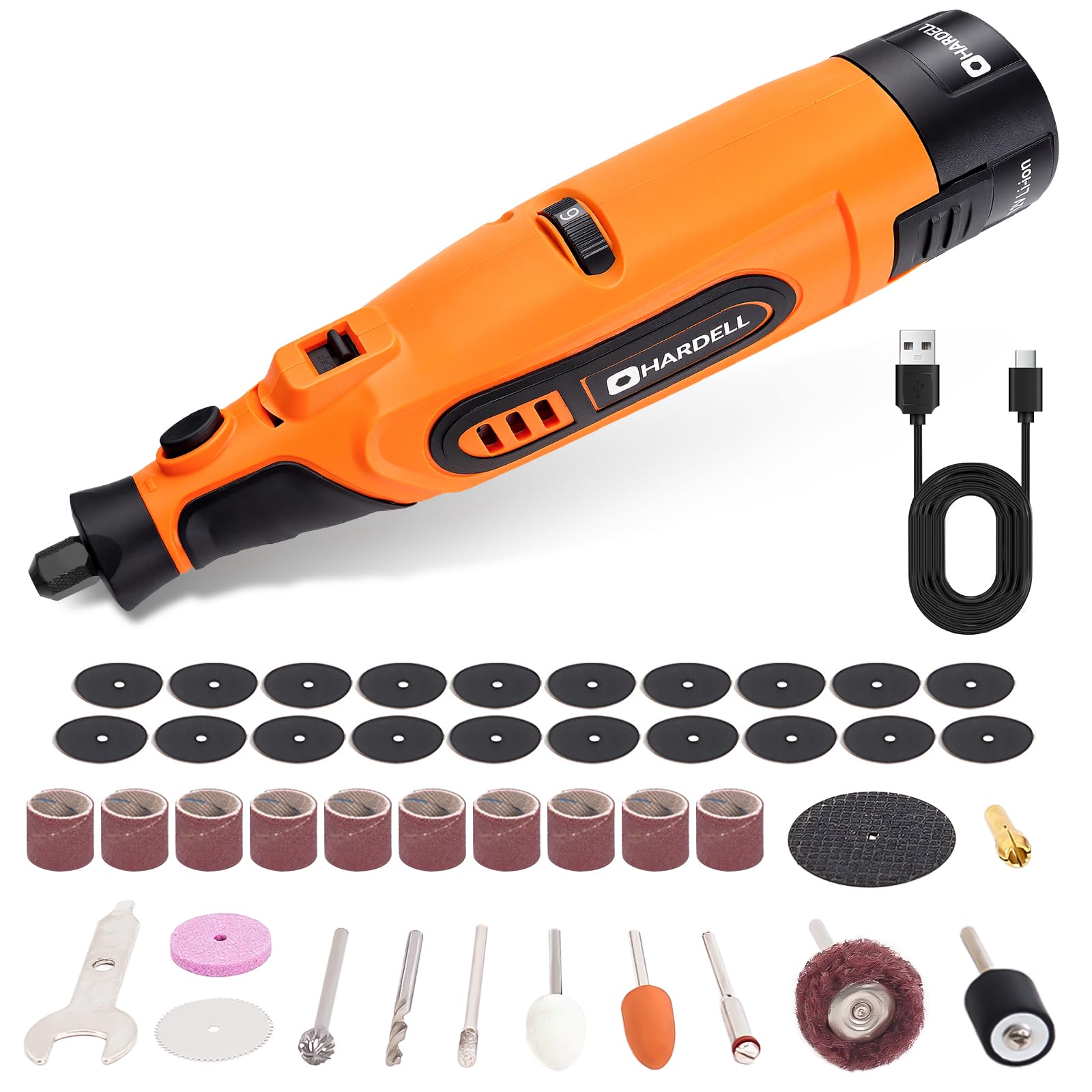 HARDELL Kit de Herramienta Rotativa Inalámbrica de 12 V Actualizado con 43 Accesorios, 6 Velocidades (10 000-25 000 RPM), Batería Extraíble de 1500 mAh, Larga Autonomía para Lijar, Pulir