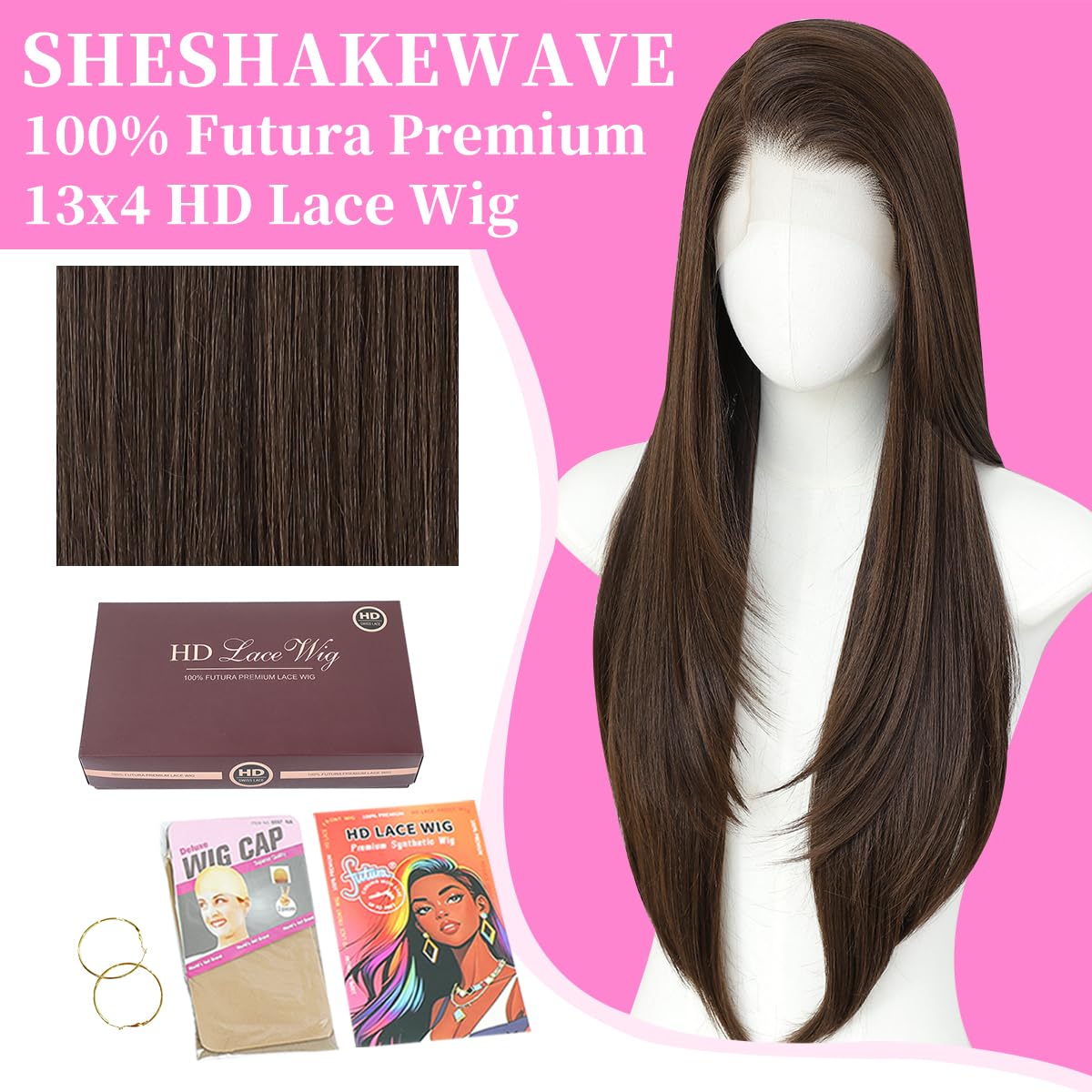 Synthetic 13x4 Lace Front Wigs Pre Plucked Chocolate Brown Straight Wigs For Women Ready to Wear Glueless Wig With Bangs Long Layered Straight Wigs 100% Futura Premium Fiber 26 Inch Beginner Friendly
