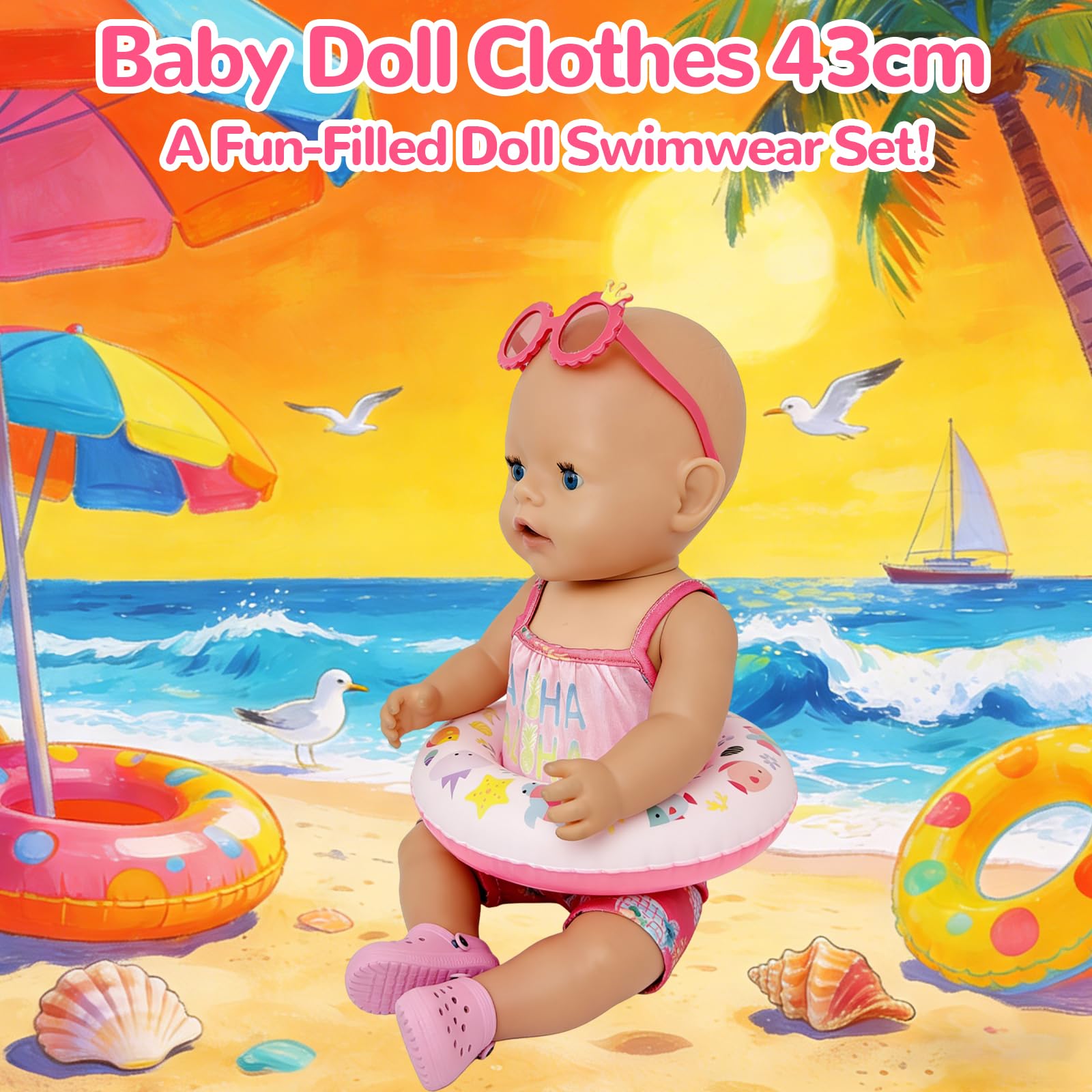 Atomvia 6-piece Swimming Baby Doll Clothes 43 cm Swimsuit for Dolls Swimming Set for Dolls Swimsuit Doll Set Pink with Swimming Ring Shoes Clothes Hanger and Sunglasses(Without Doll) - Image 4