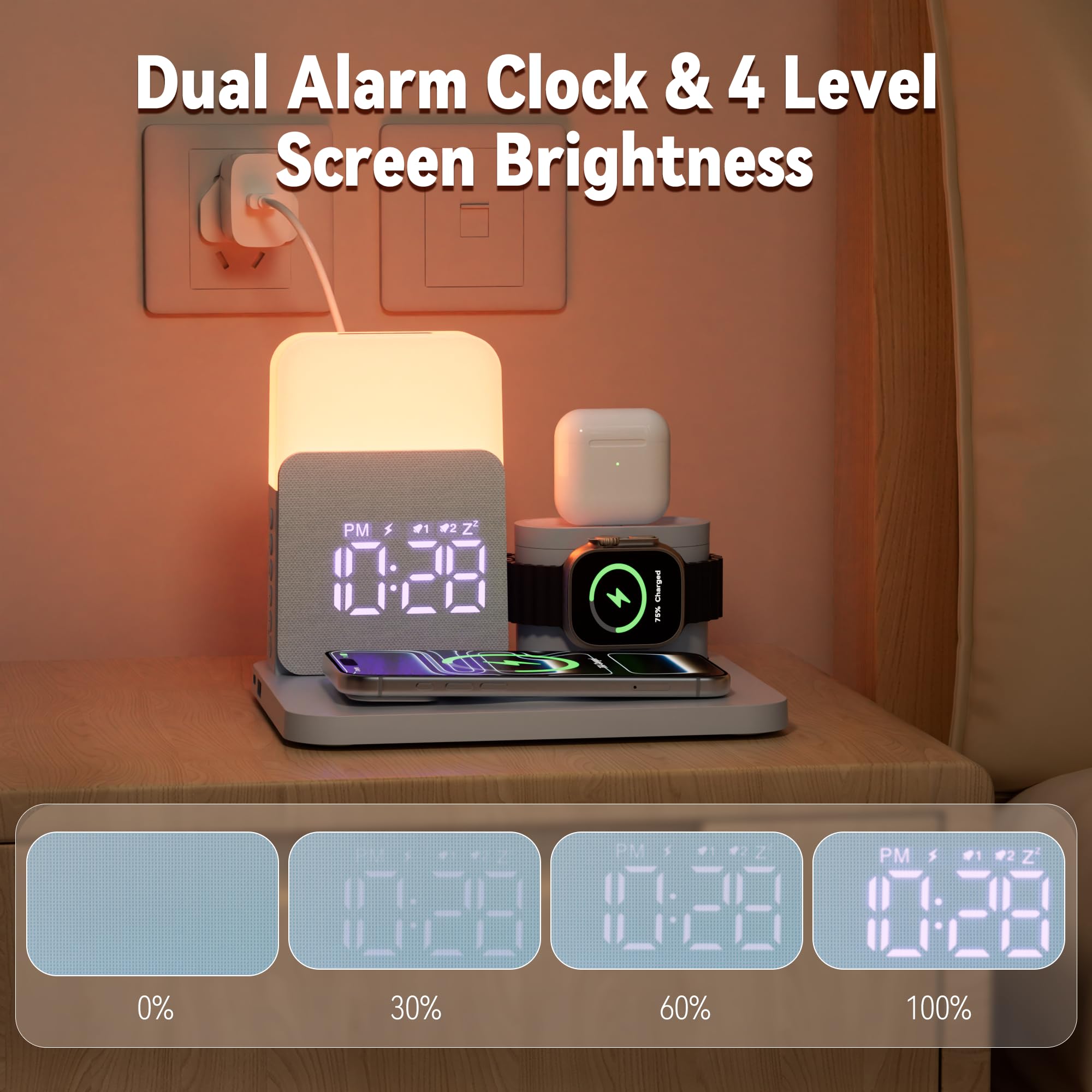 COLSUR Stazione di ricarica wireless 6 in 1, caricabatterie wireless magnetico da 25 W con sveglia, luce notturna, supporto caricabatterie wireless per iPhone 16 15 14 13 12 11 X Pro Max, Apple Watch