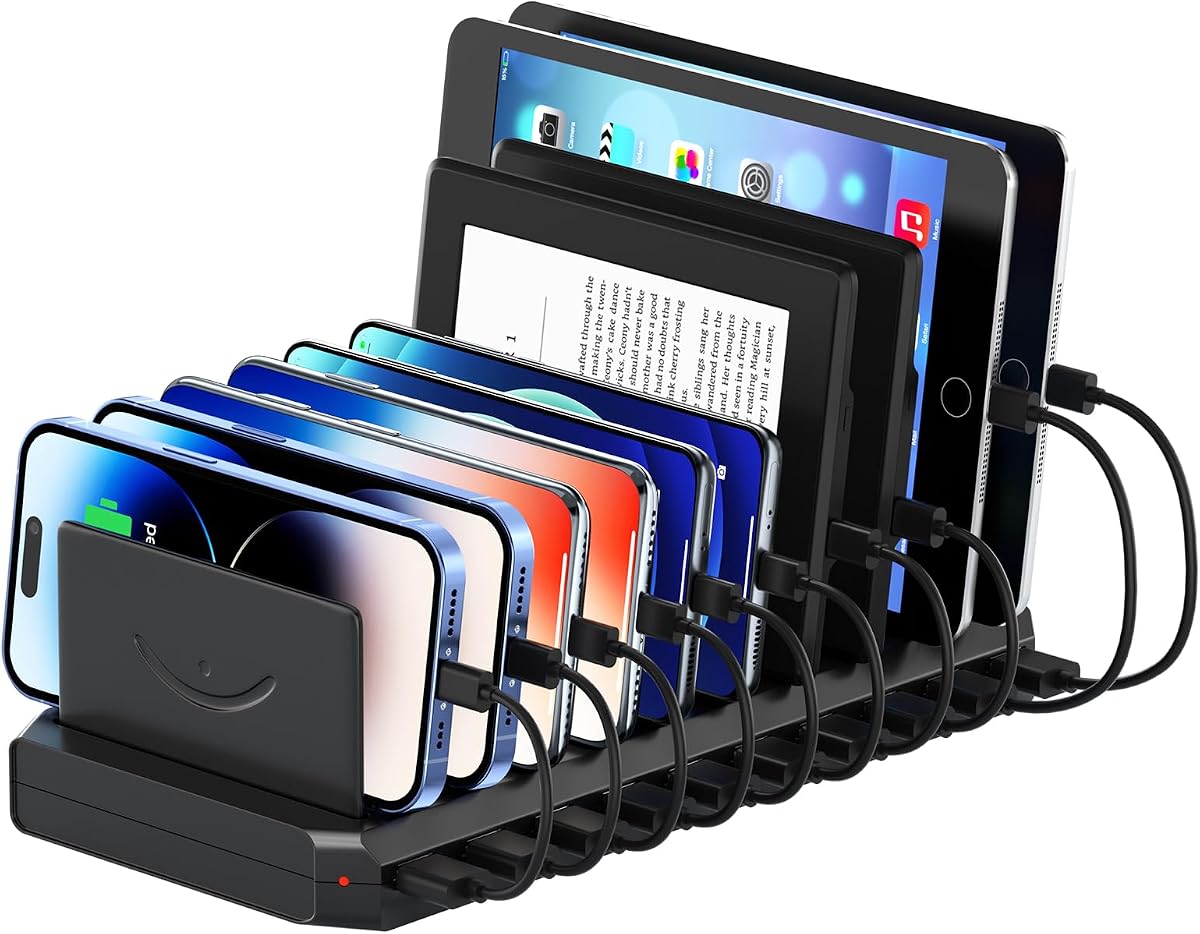 USB Charging Station for Multiple Devices, 10 Port 60W Multiple USB Charger Station with Adjustable Dividers, Fast Charging Station Hub for Hotels, Shops, Schools, Shopping Malls and Travel