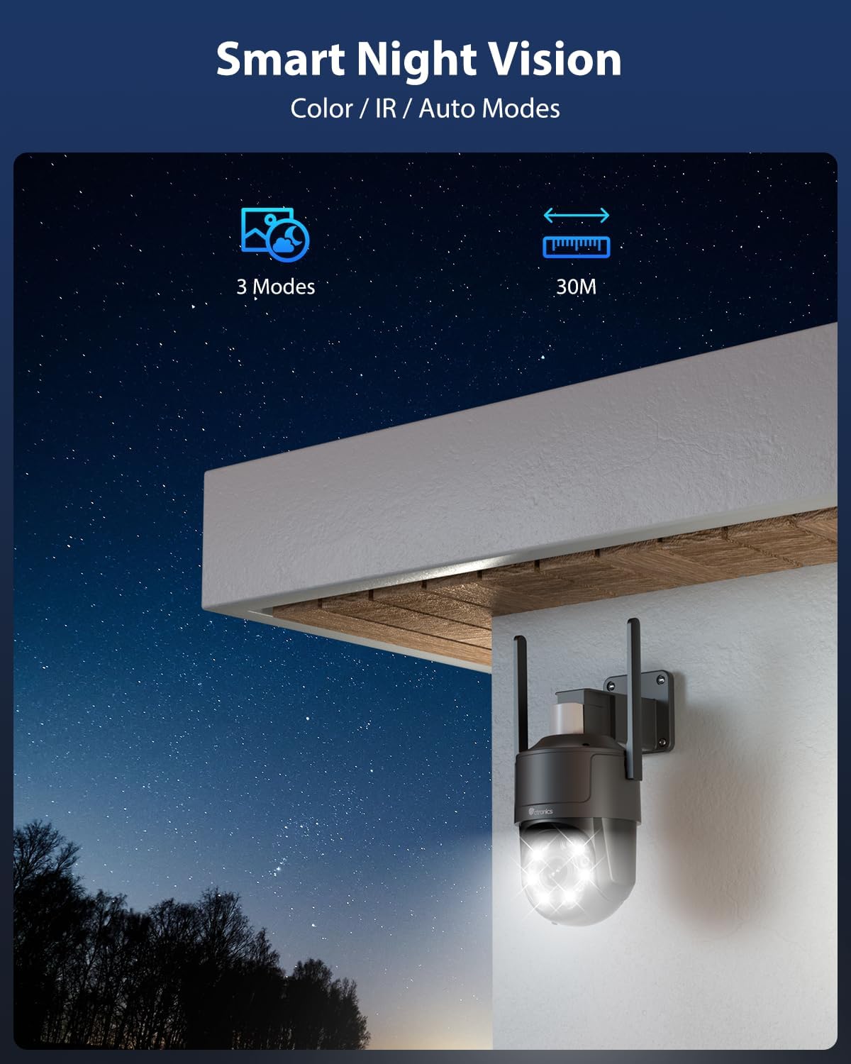 Ctronics 4K Security Camera Outdoor, Smart Night Vision 30M, Human/Vehicle/Pet Detection, Auto Tracking, Red-Blue Alarm Light & Siren, 256 GB SD/FTP/NAS, Dual-Band Wi-Fi, Wall/Ceiling Mount, APP/PC