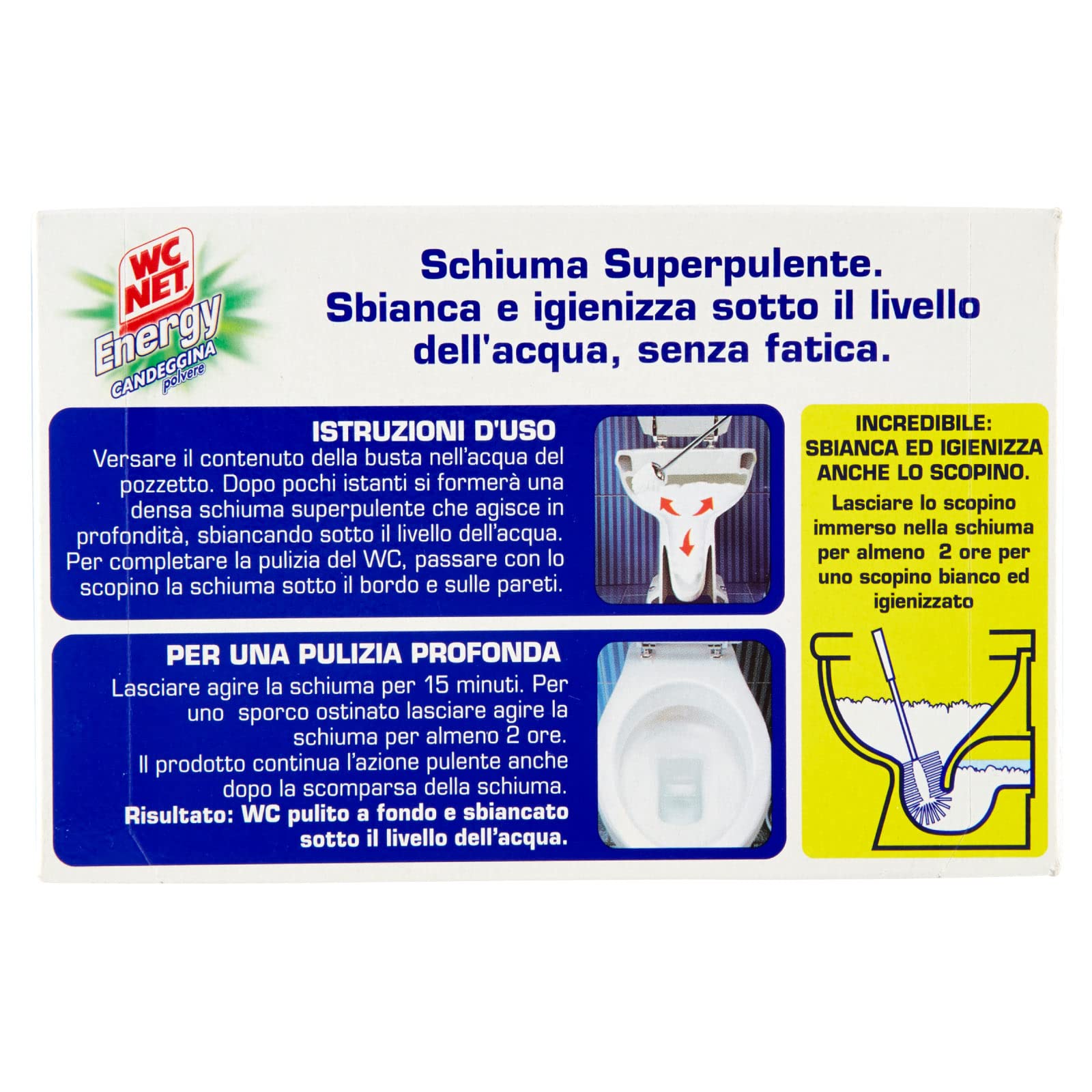 Wc Net - Energy con Candeggina, Detergente Igienizzante in Polvere per WC, Schiuma Autopulente con Azione Sbiancante, 4 Buste x 3 Confezioni