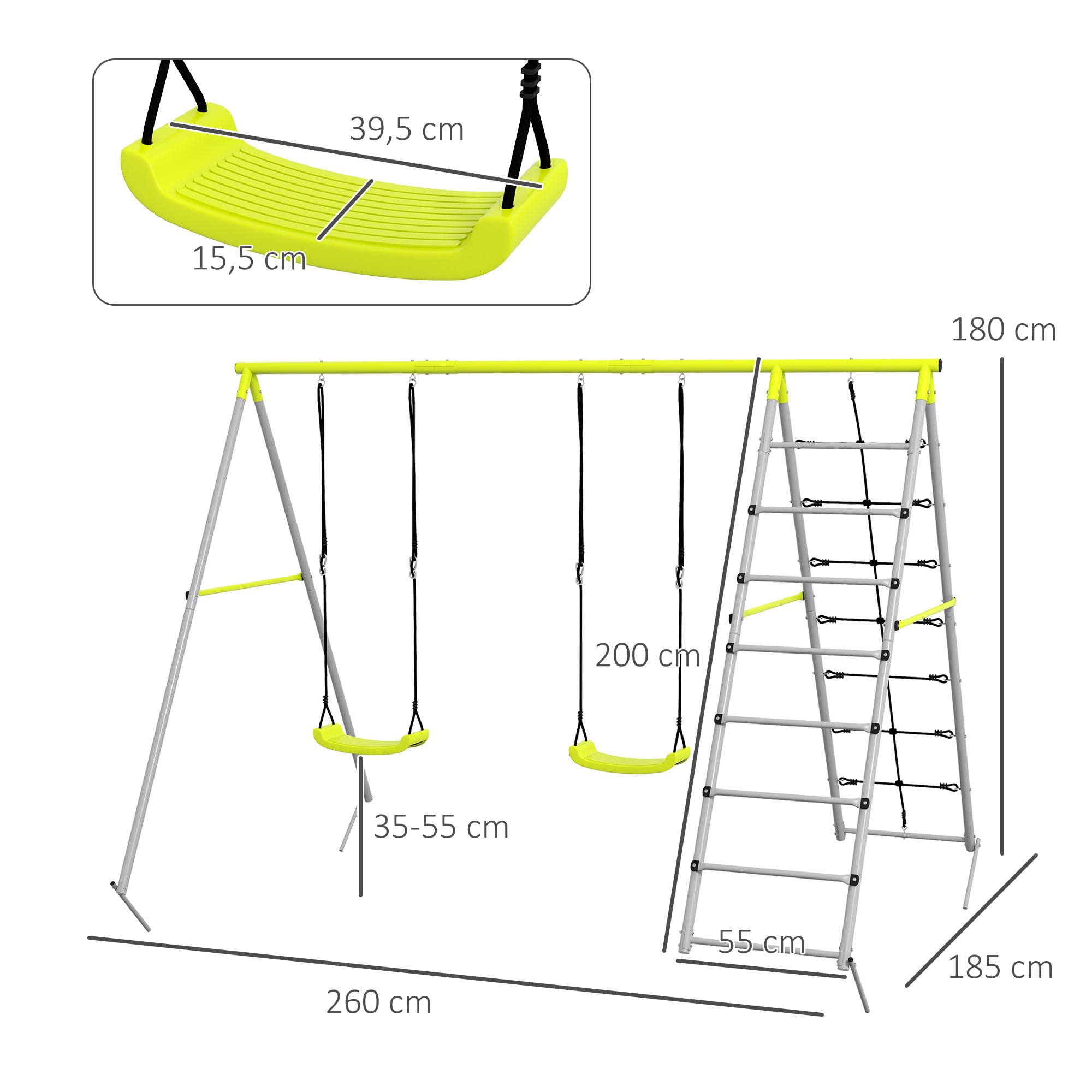 Outsunny Columpio 4 en 1 para Niños con 2 Sillas, Trepador, Red de Escalada, Cuerda Ajustable y Anti-UV, Jardín Exterior, Carga 180 kg, 260x185x180 cm, Gris y Verde