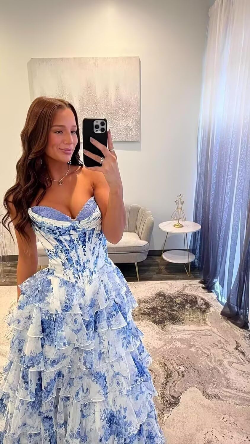 Abito da ballo da donna floreale in chiffon a più livelli con scollo a cuore abito da ballo corsetto vita impero abiti da sera formali 3222